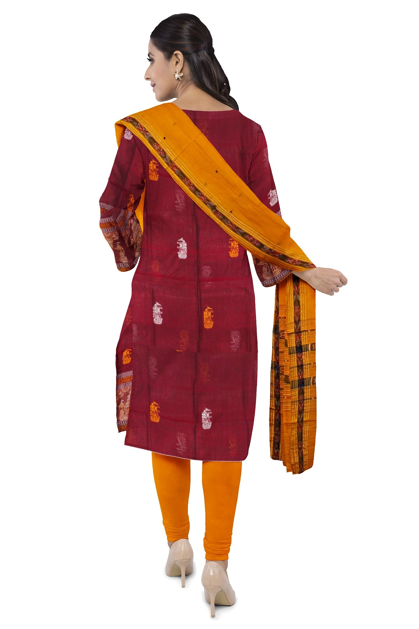 Deep Maroon With Yellow Pant & Chunri Bomkai Dress Set