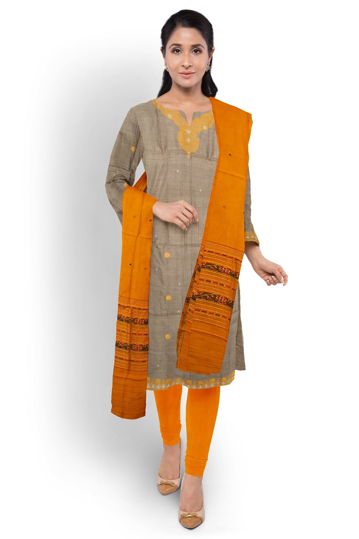 Tan Color Top With Yellow Pant & Chunri Bomkai Dress Set Necklace Design