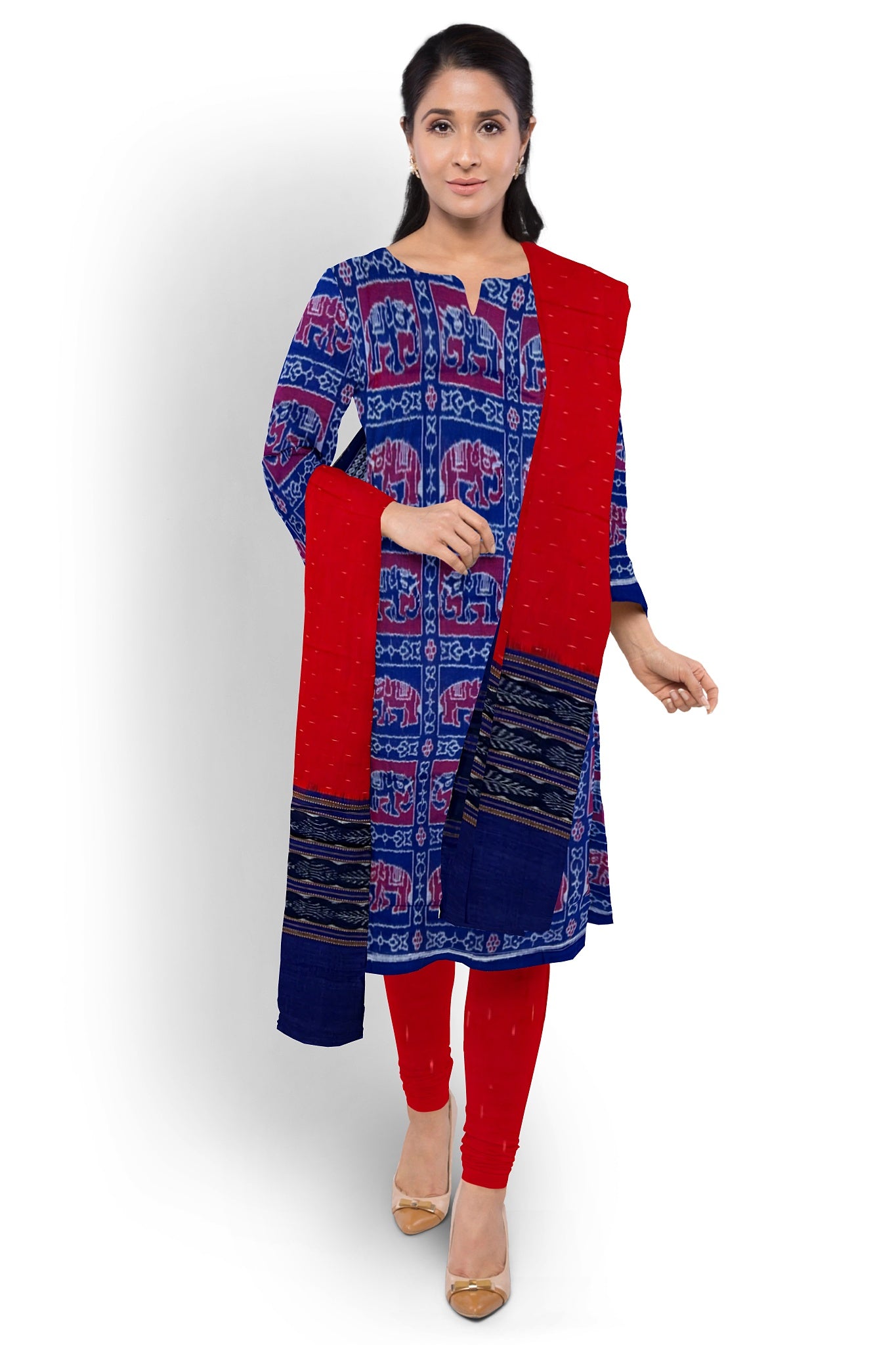 Blue Top With Red Pant & Chunri Body Bandha Dress Set