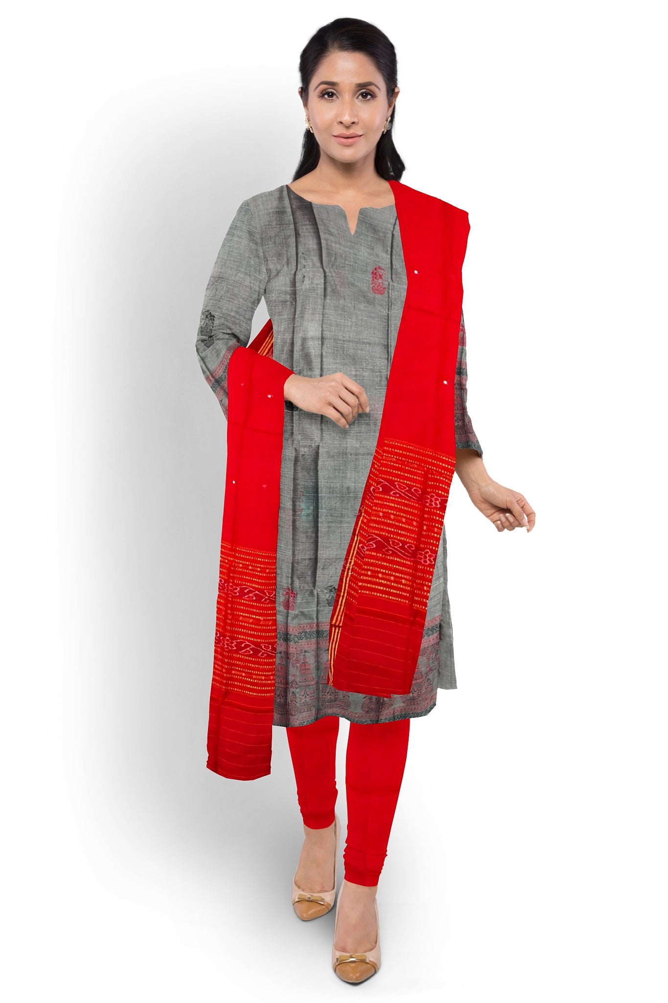 Deep Blue Top With Red Pant & Rust Chunri Bomkai Dress Set
