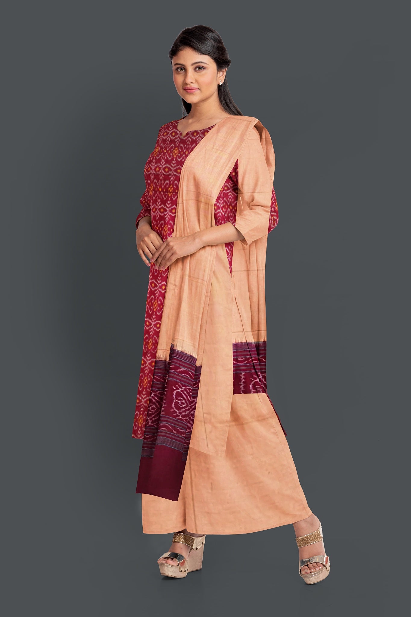 Deep maroon Top With Peach Pant & Chunri Body Bandha Dress Set