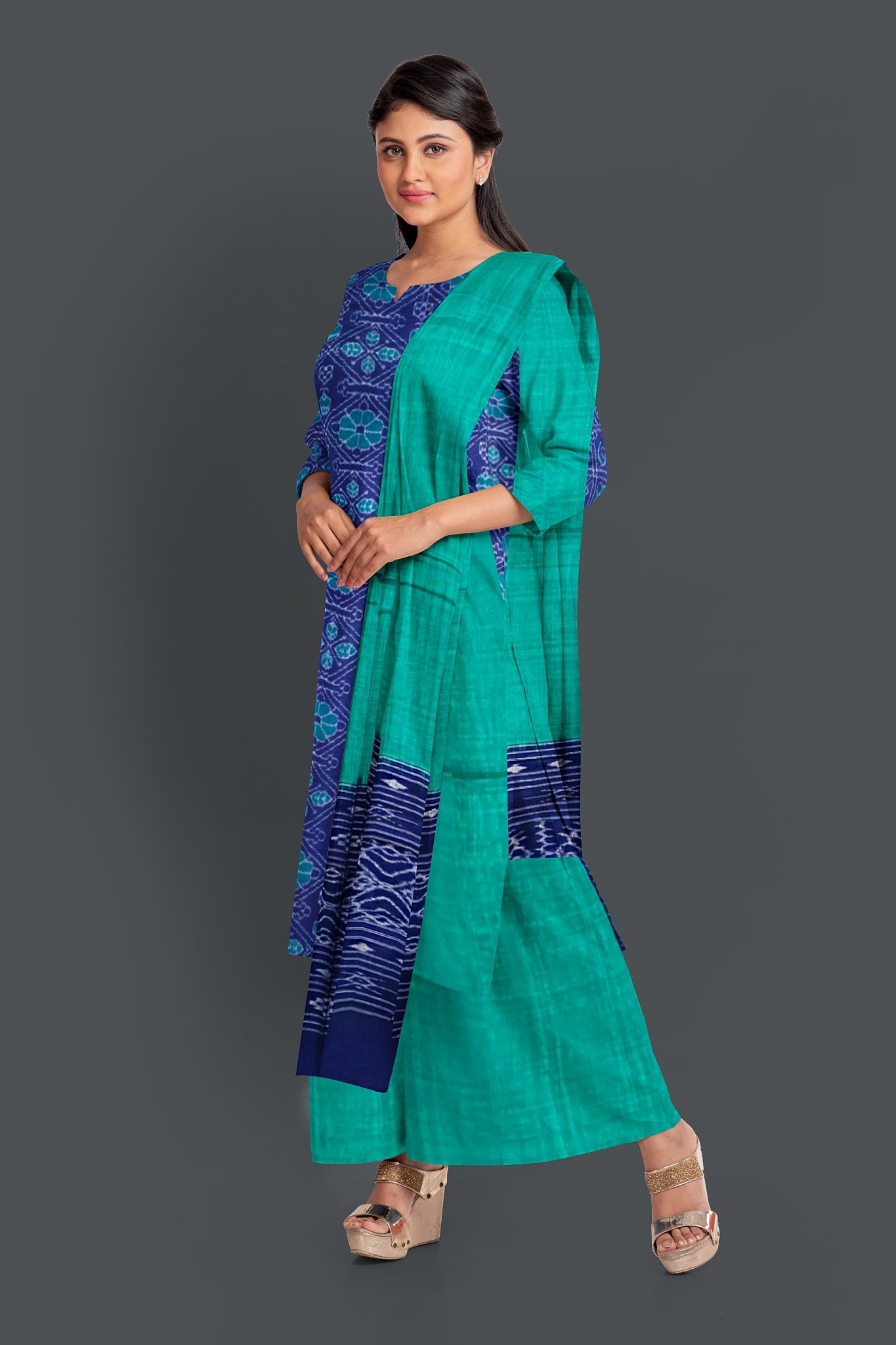 Blue Top With Torquise Blue Pant & Chunri Body Bandha Dress Set