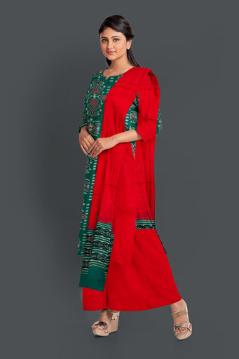 Green Top With Red Pant & Chunri Body Bandha Dress Set