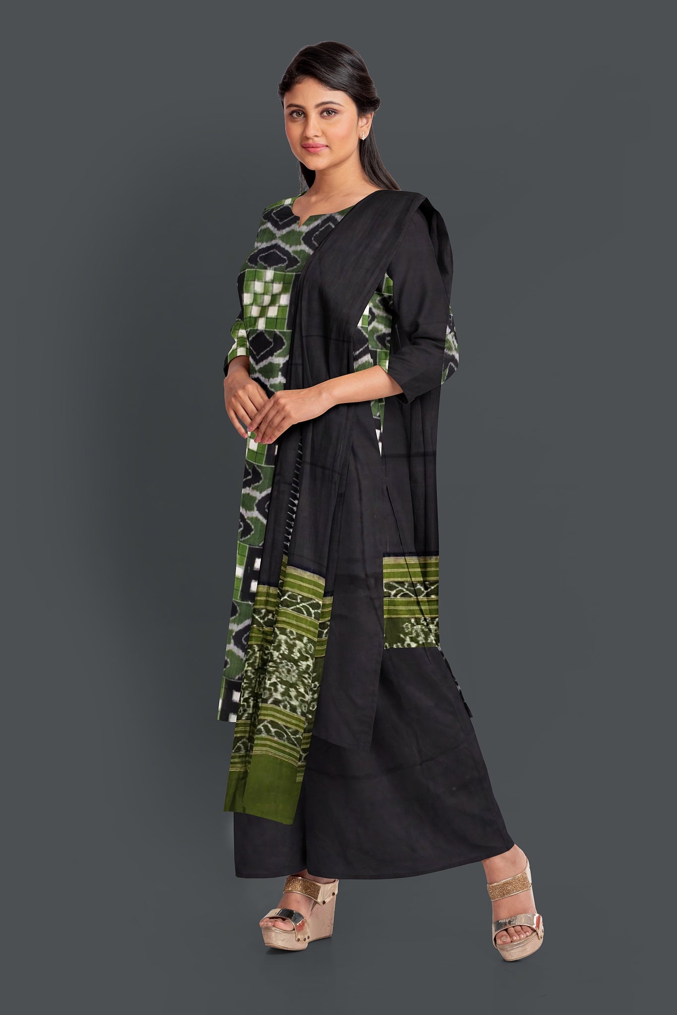 Black Top With Black Pant & Olive Green Chunri Pasapalli Dress Set