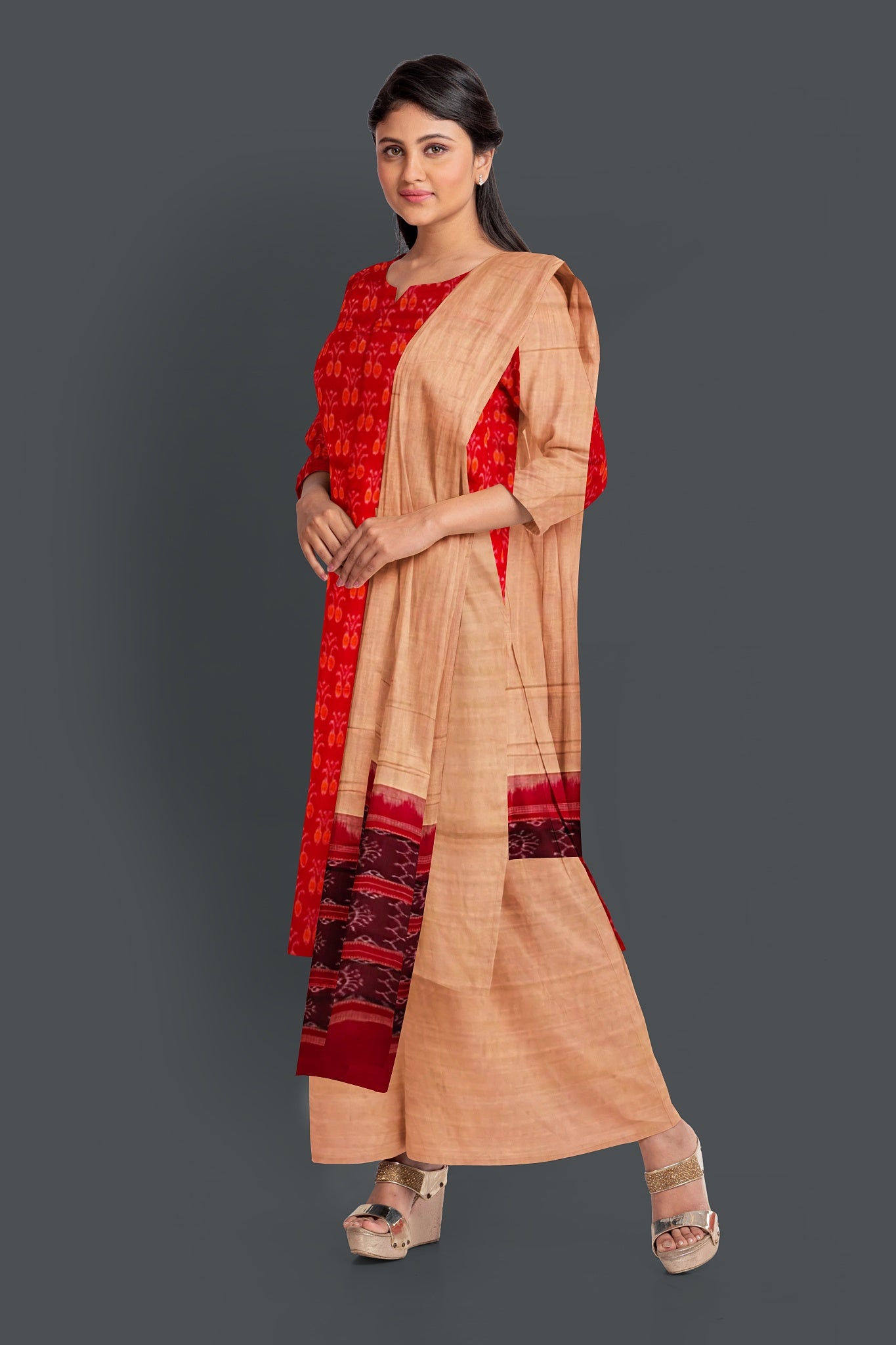 Red Top With Peach Pant & Chunri Body Bandha Dress Set