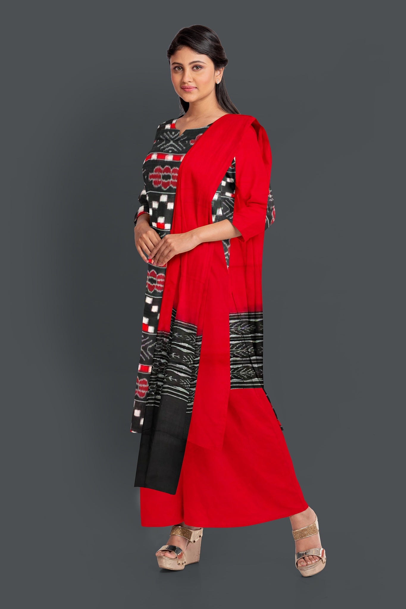 Black Top With Red Pant & Chunri Pasapalli Dress Set