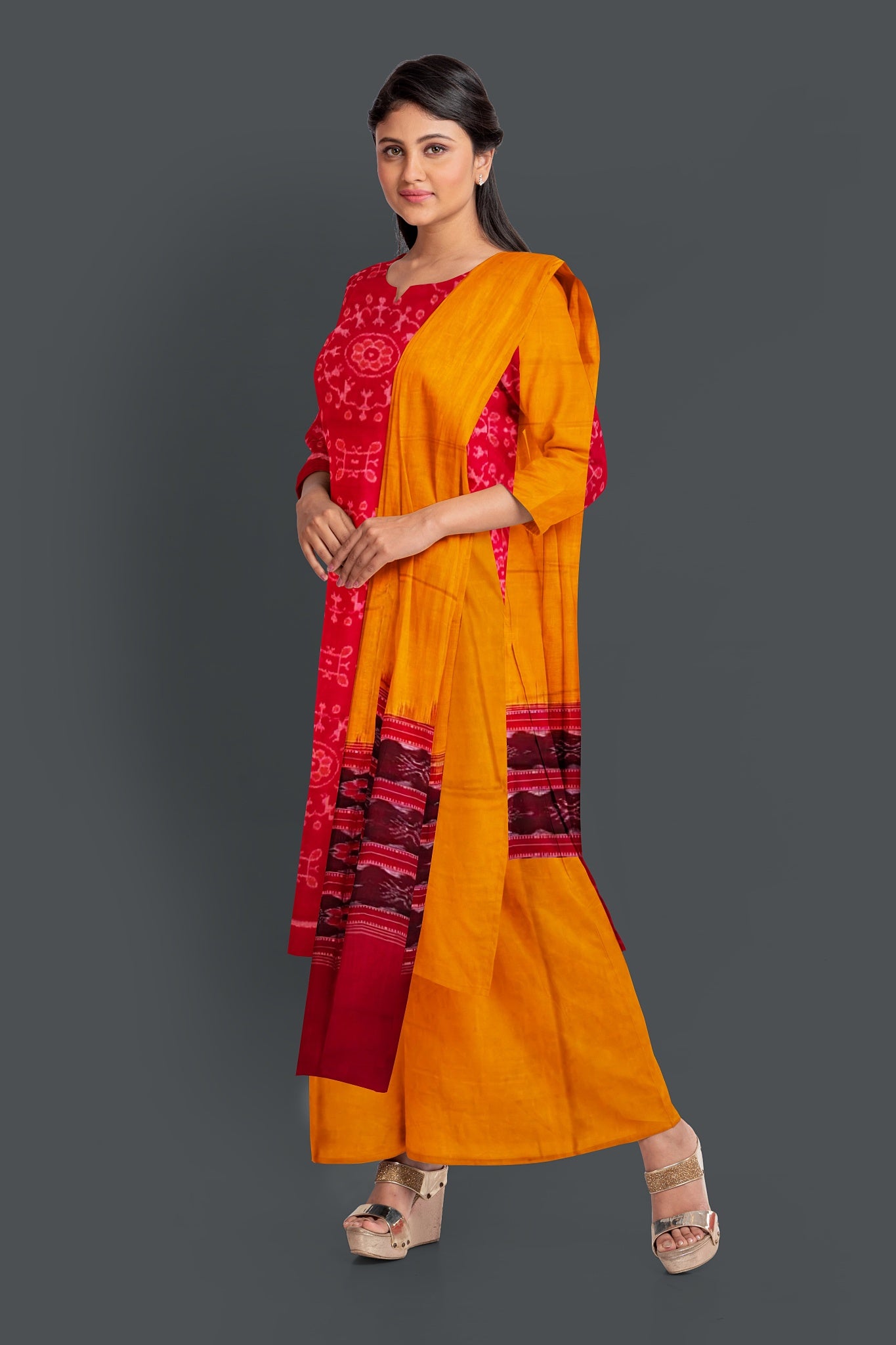 Red Top With Yellow Pant & Chunri Body Bandha Dress Set