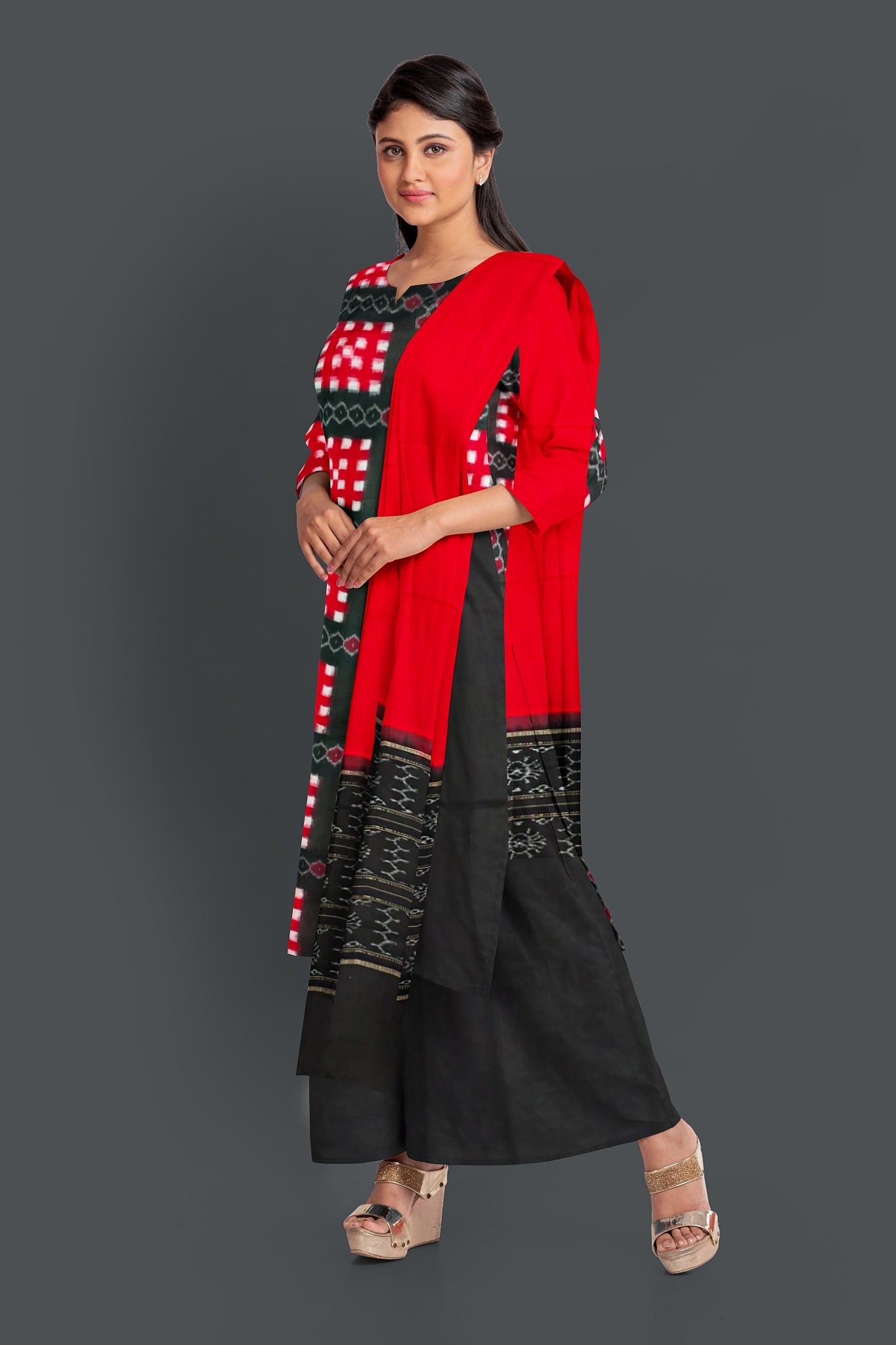 Black Top With Black Pant & Red Color Chunri Pasapalli Dress Set