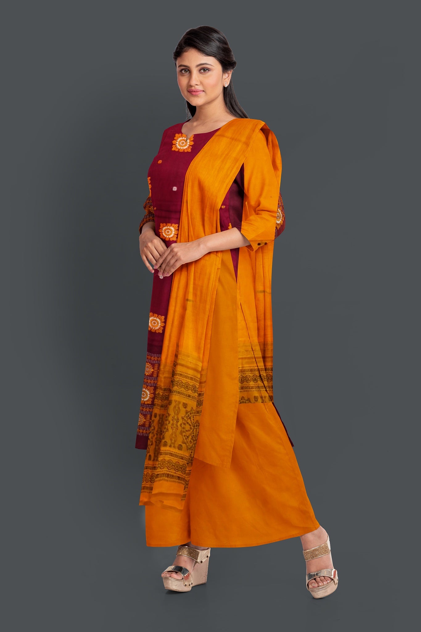 Maroon With Yellow Pant & Chunri Bomkai Dress Set