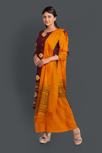 Deep Maroon With Yellow Color Pant & Chunri Bomkai Dress Set