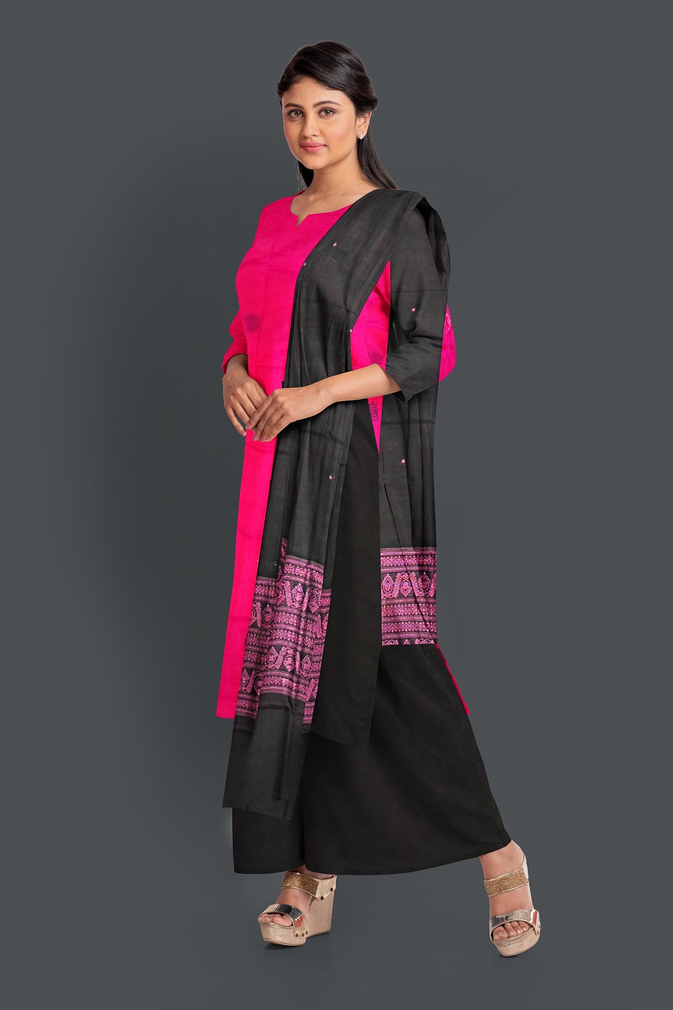 Pink Top With Black Pant & Chunri Bomkai Dress Set