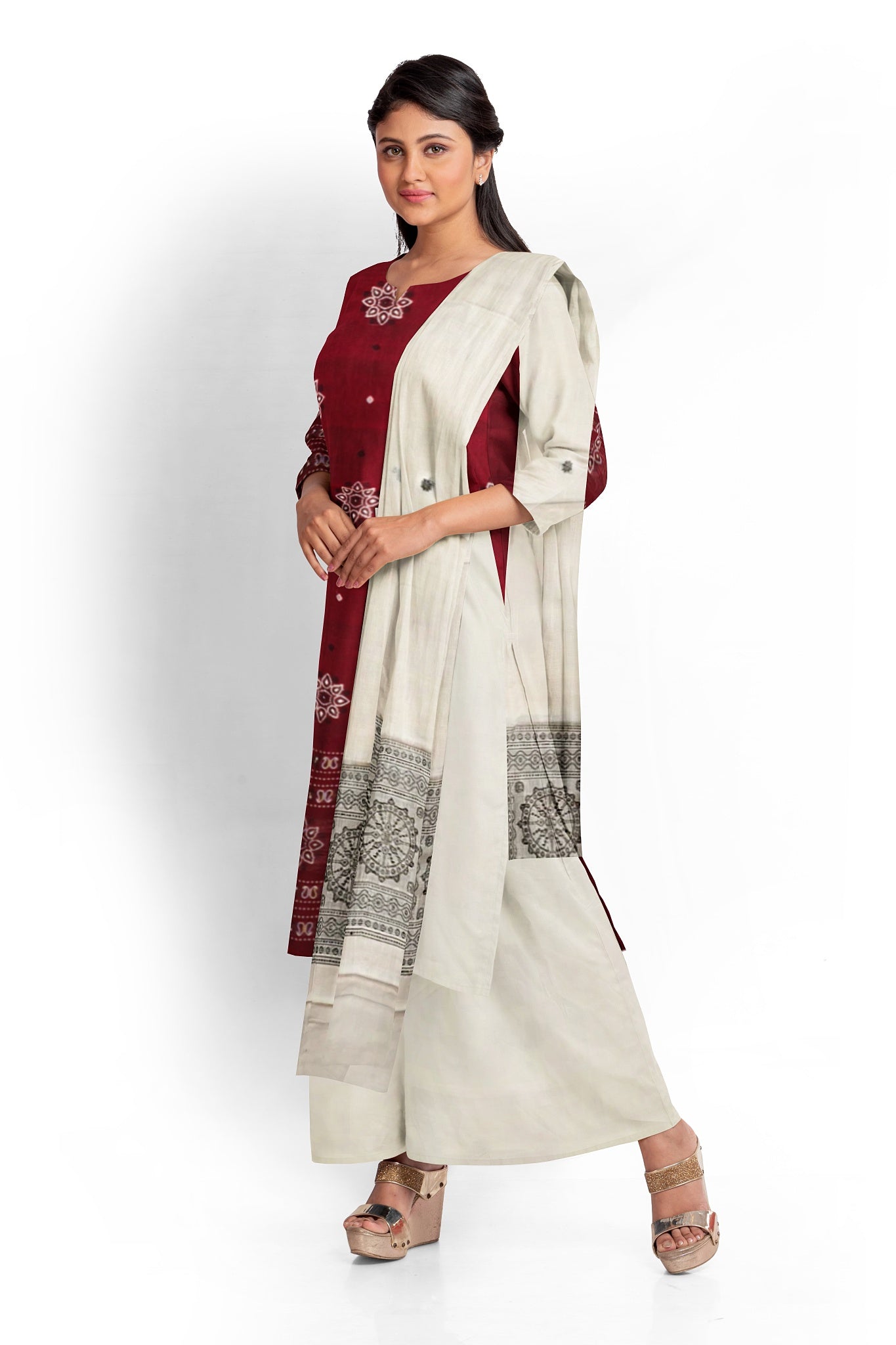 Deep Maroon With White Pant & Chunri Bomkai Dress Set