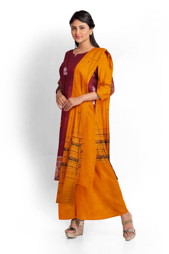 Deep Maroon With Yellow Pant & Chunri Bomkai Dress Set
