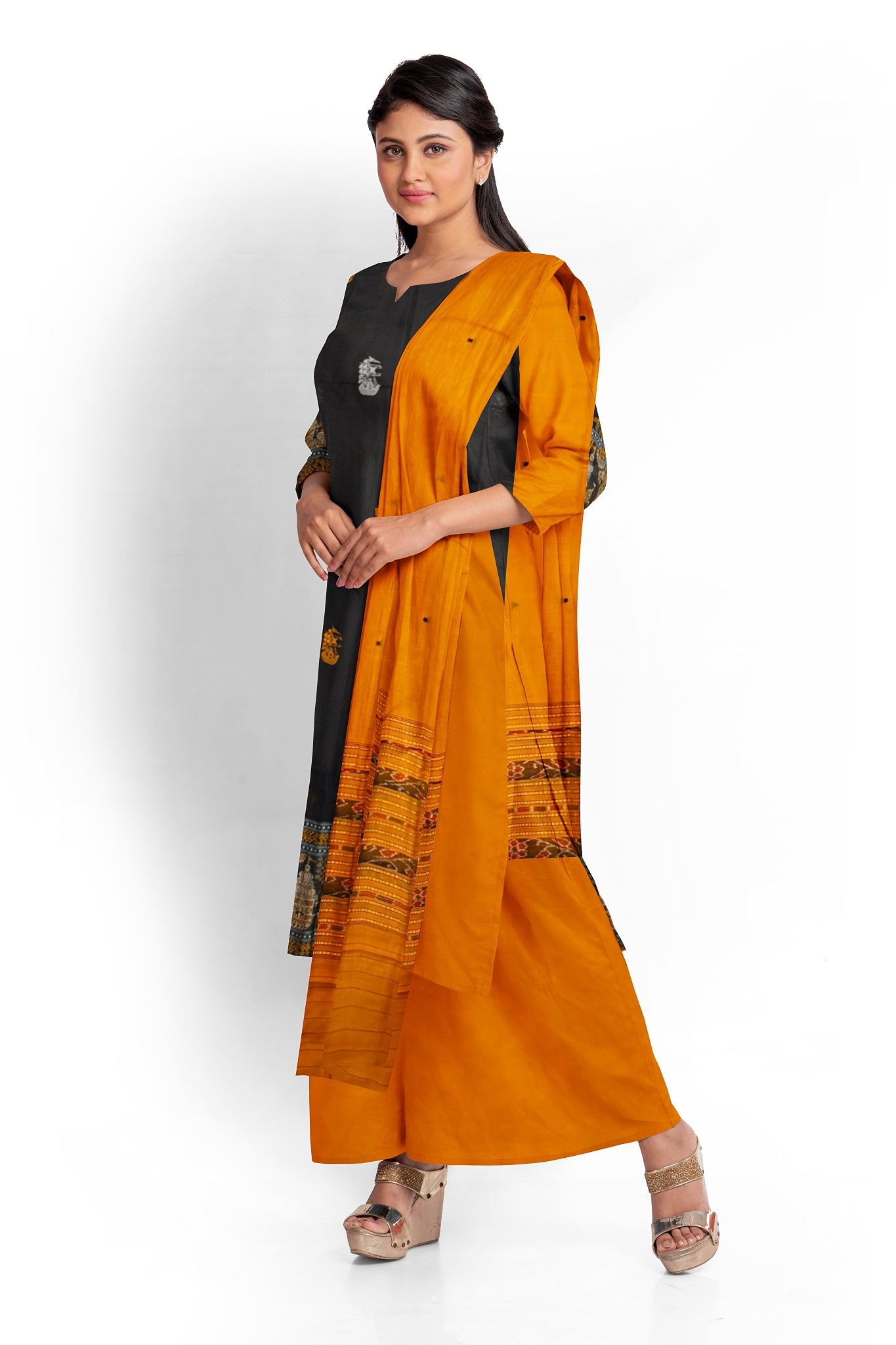 Black With Yellow Pant & Chunri Bomkai Dress Set