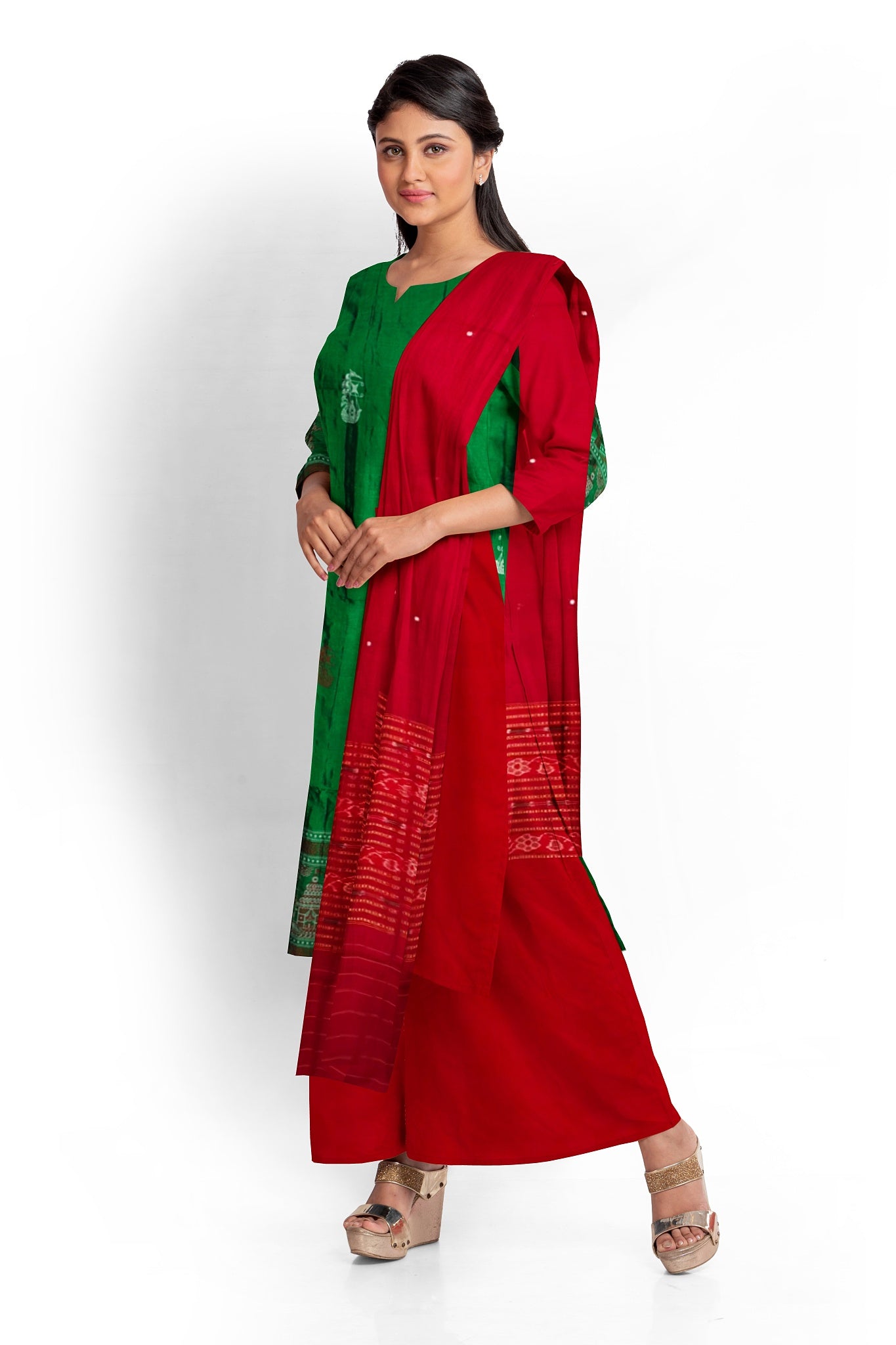 Green Deep Rust Color Pant & Chunri Bomkai Dress Set