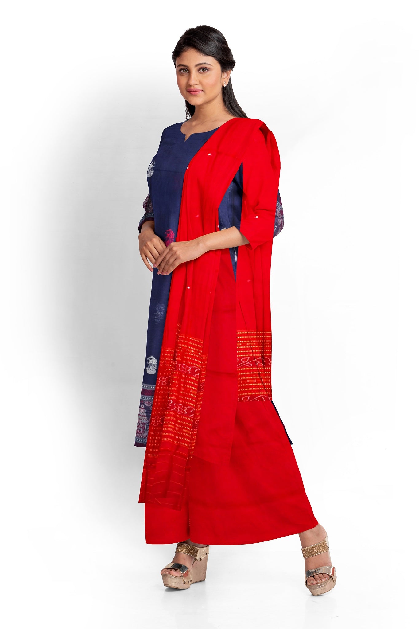 Grey Top With Red Pant & Rust Chunri Bomkai Dress Set