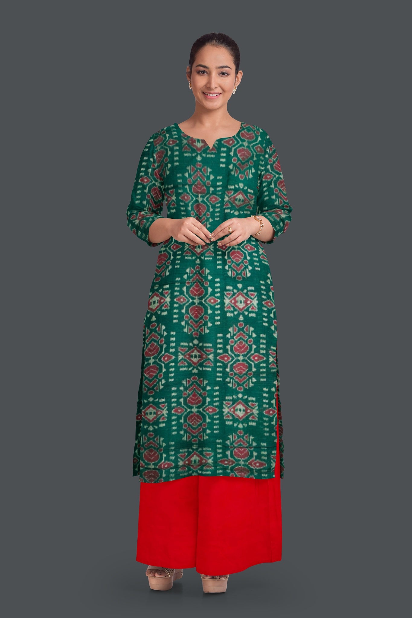 Green Top With Red Pant & Chunri Body Bandha Dress Set