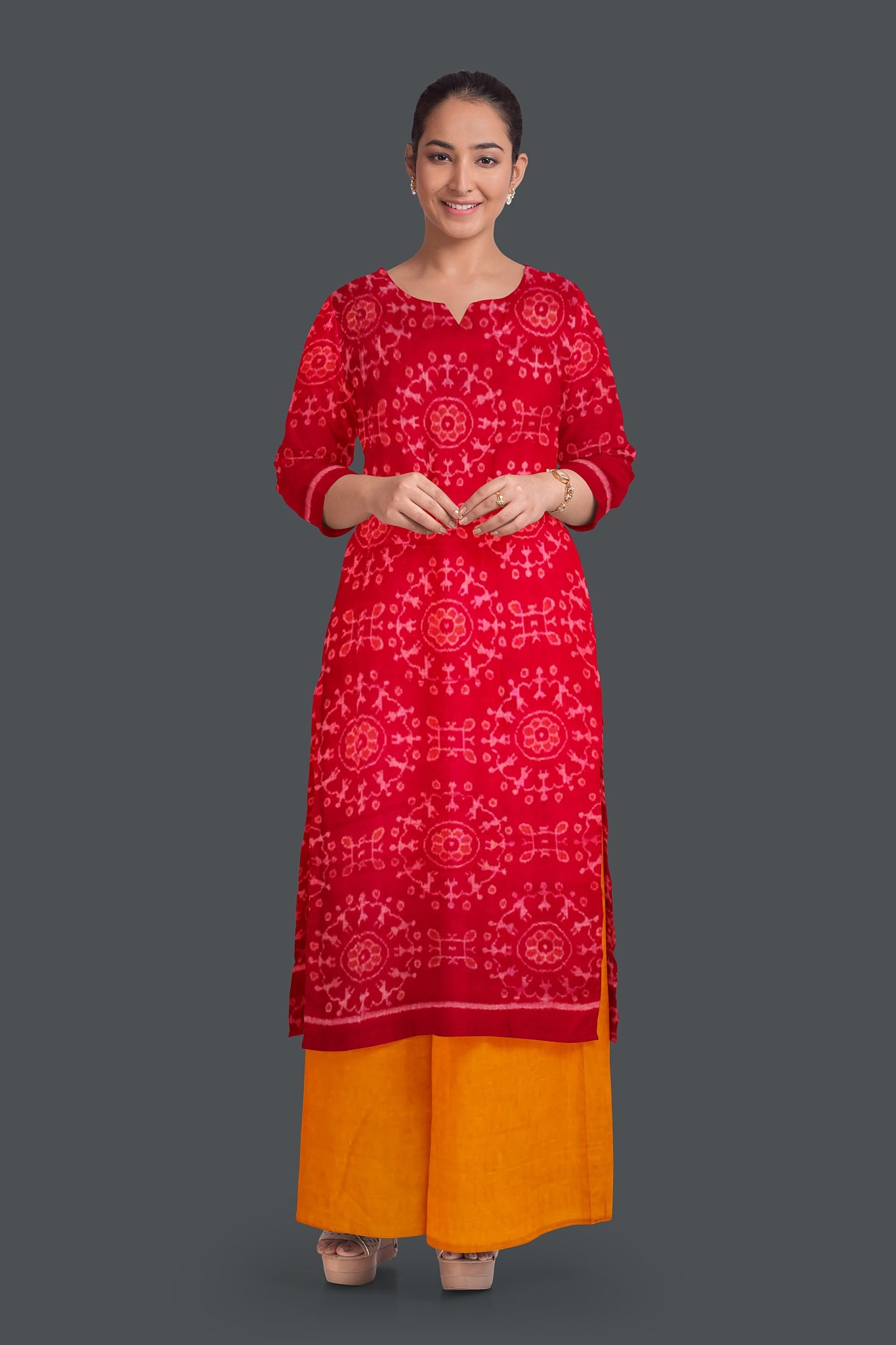 Red Top With Yellow Pant & Chunri Body Bandha Dress Set