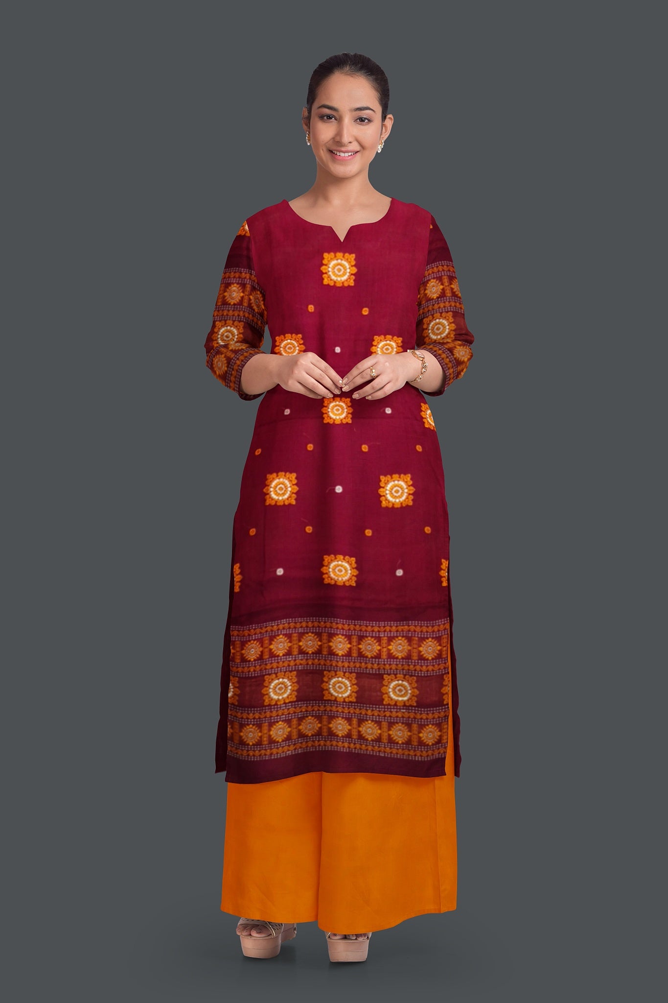Maroon With Yellow Pant & Chunri Bomkai Dress Set