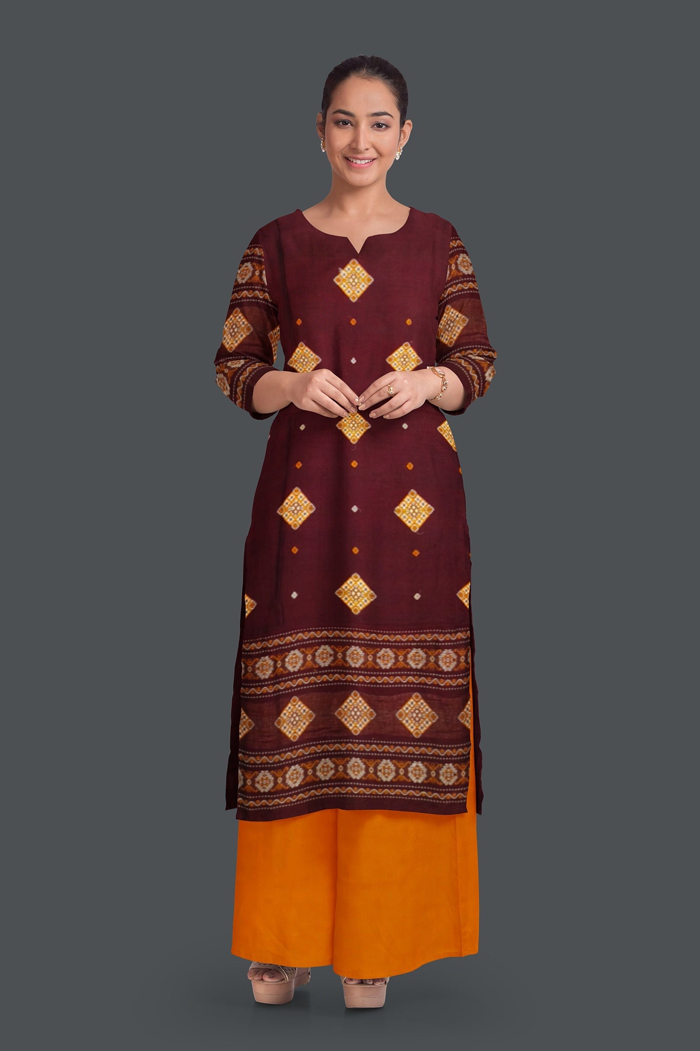 Deep Maroon With Yellow Color Pant & Chunri Bomkai Dress Set