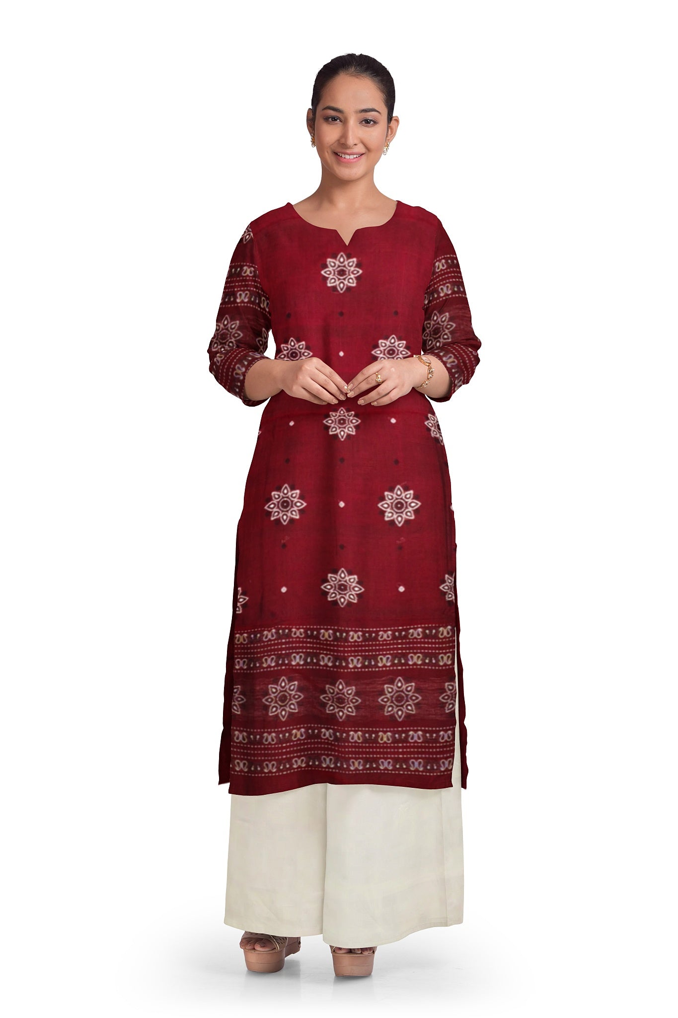 Deep Maroon With White Pant & Chunri Bomkai Dress Set