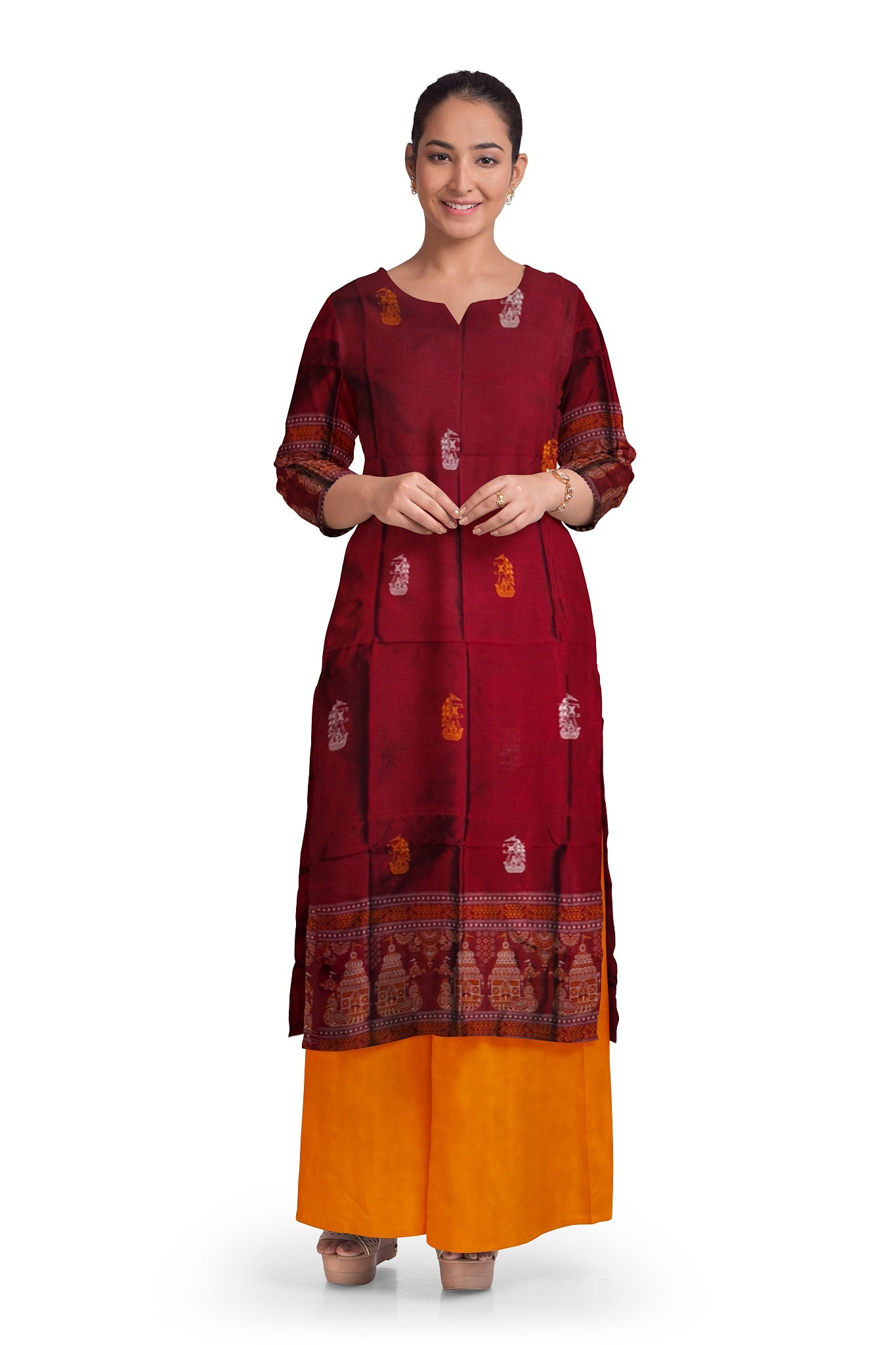Deep Maroon With Yellow Color Pant & Chunri Bomkai Dress Set