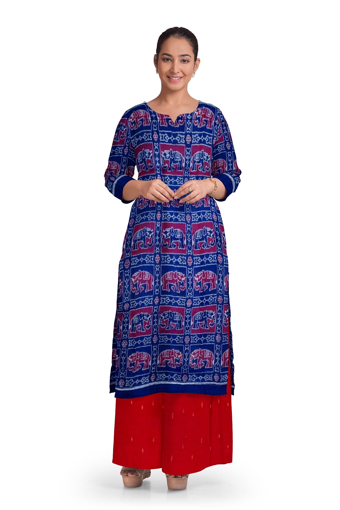Blue Top With Red Pant & Chunri Body Bandha Dress Set