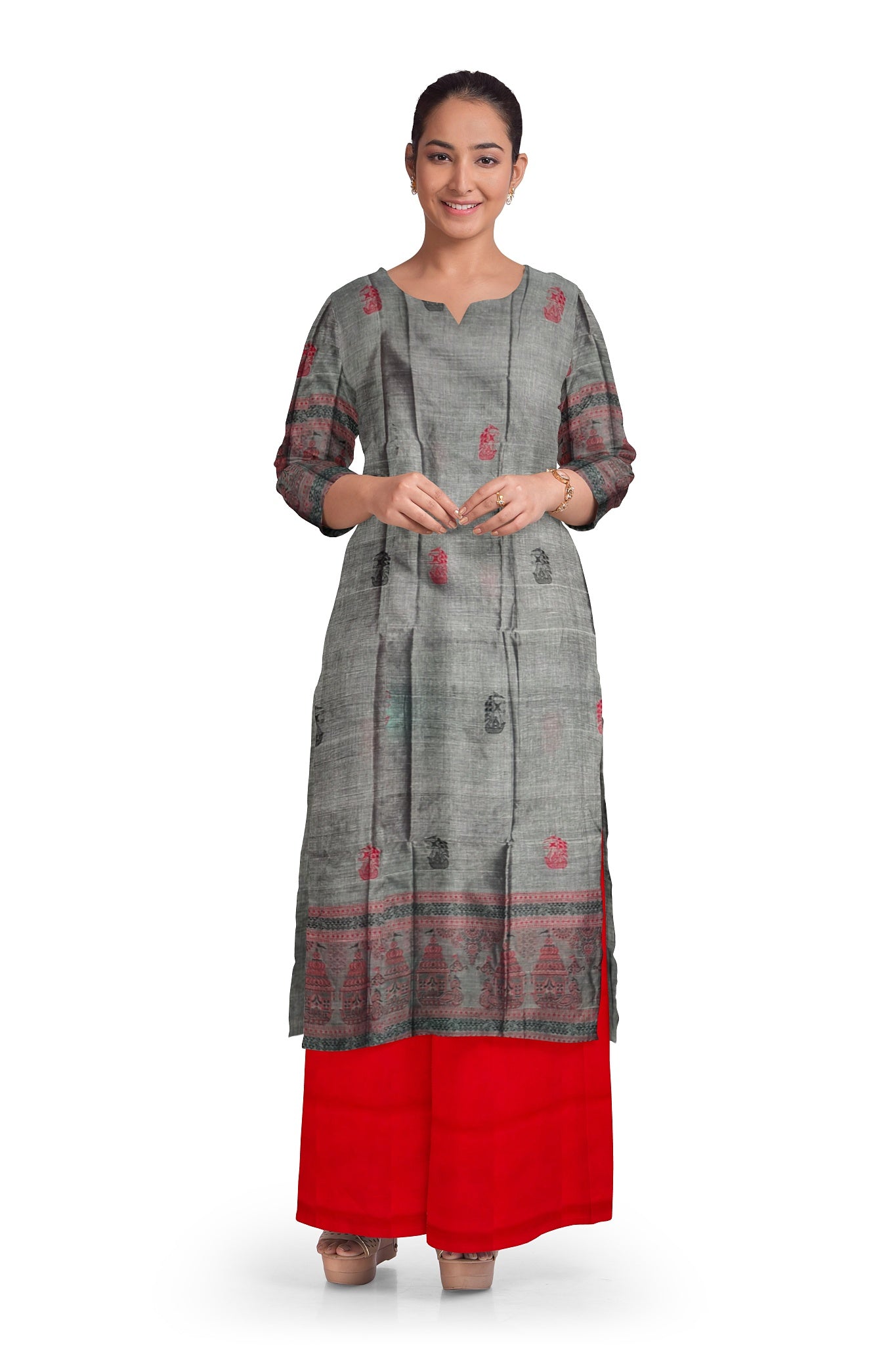 Deep Blue Top With Red Pant & Rust Chunri Bomkai Dress Set