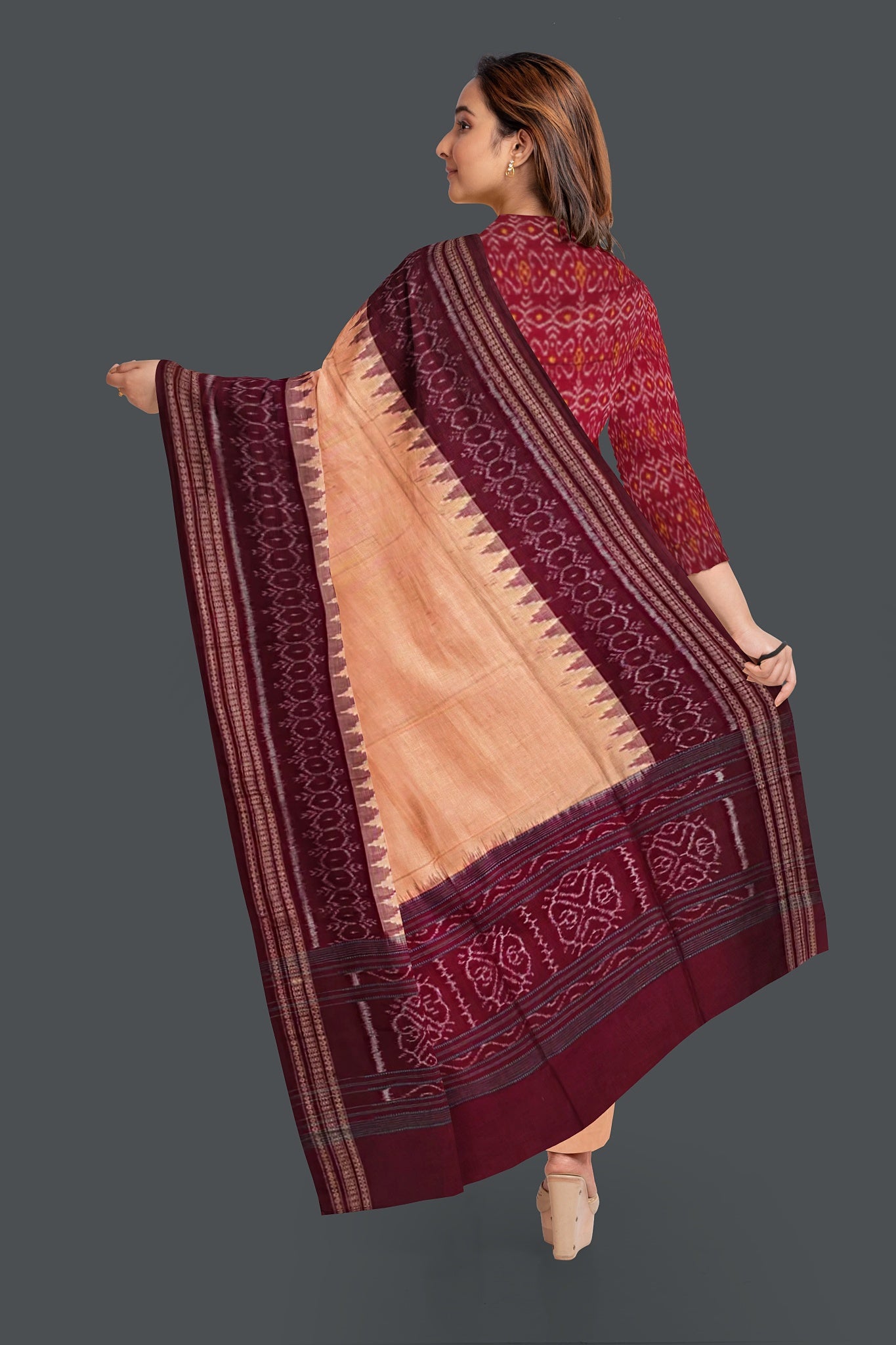 Deep maroon Top With Peach Pant & Chunri Body Bandha Dress Set