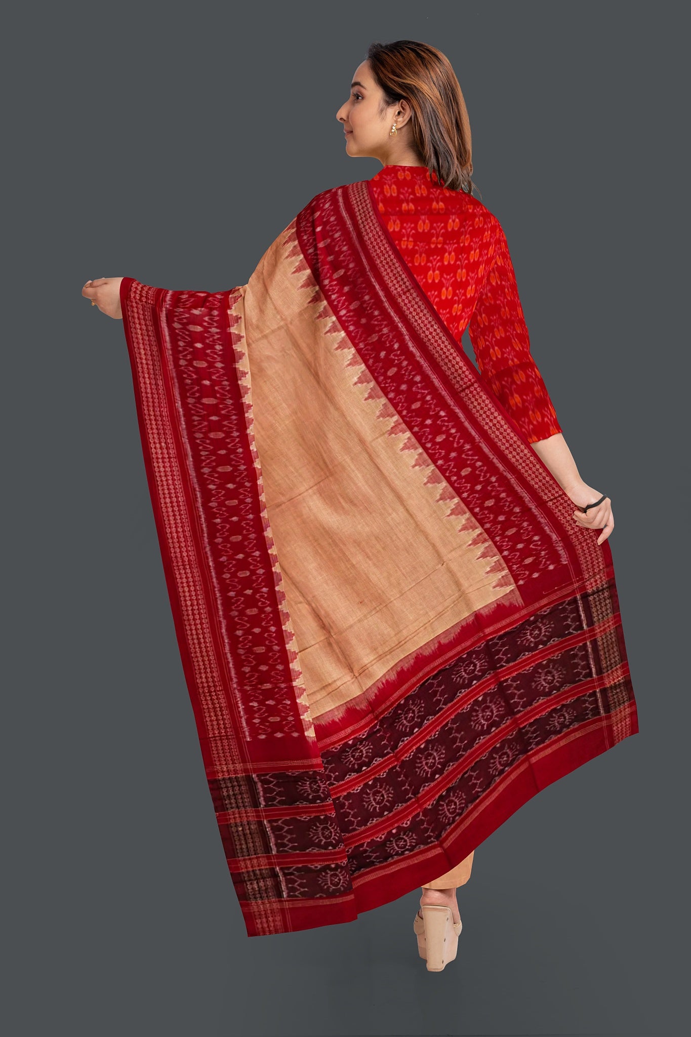 Red Top With Peach Pant & Chunri Body Bandha Dress Set