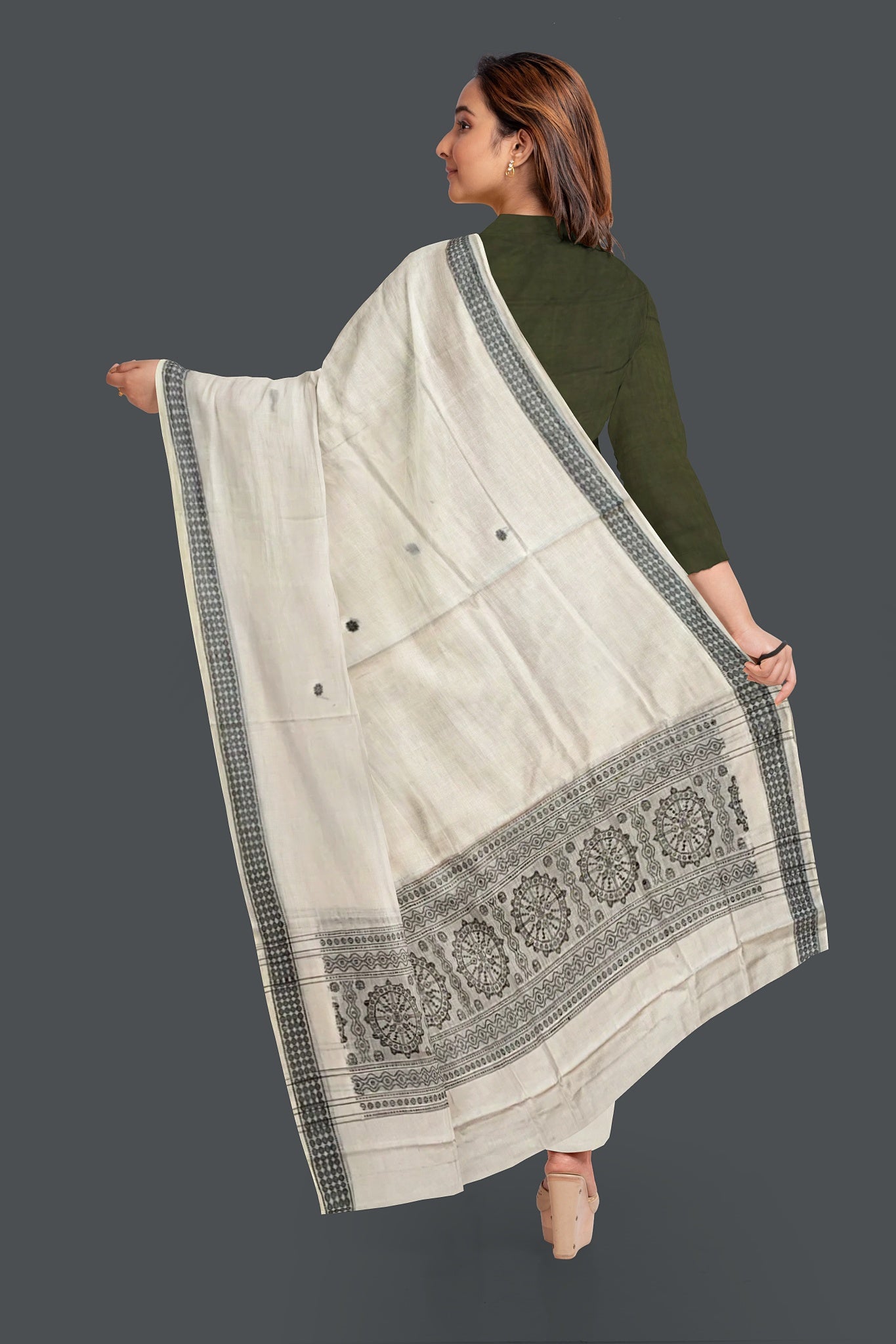 Dark Olive Green Top With White Pant & Chunri Bomkai Dress Set