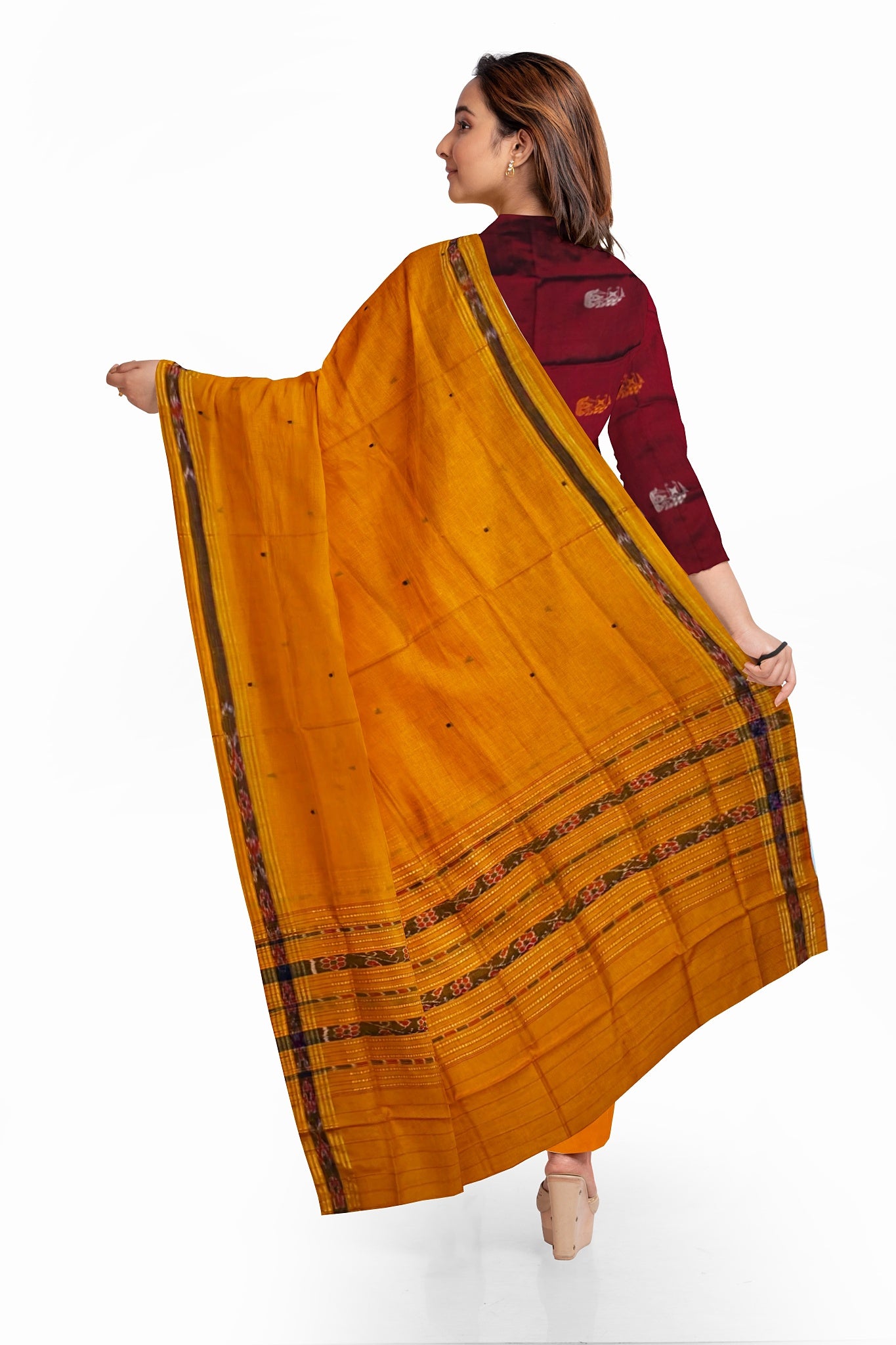 Deep Maroon With Yellow Color Pant & Chunri Bomkai Dress Set