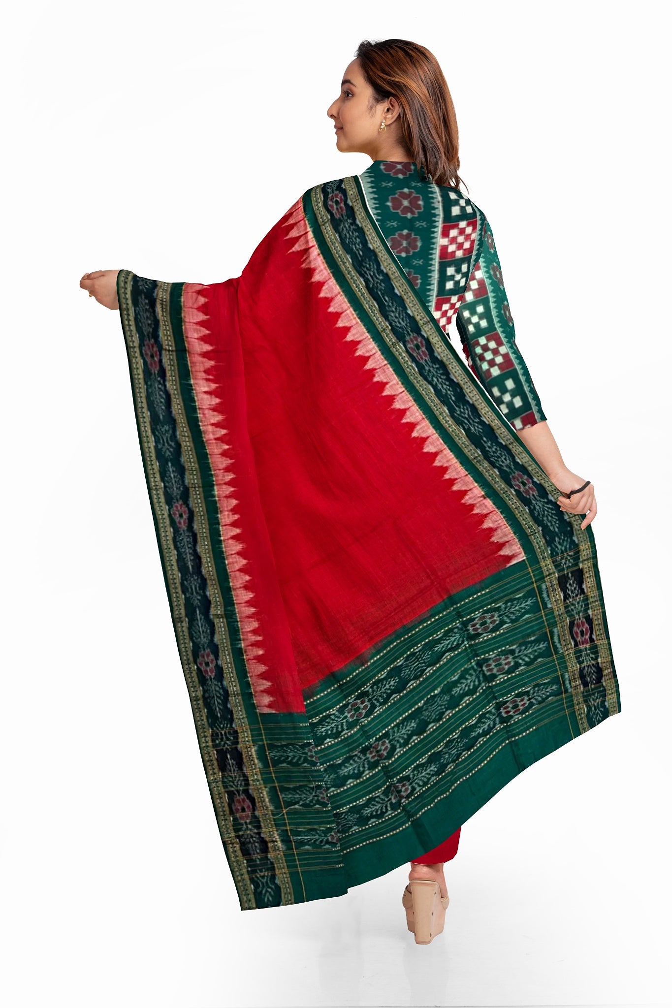 Green Top With Red Pant & Chunri Pasapalli Dress Set