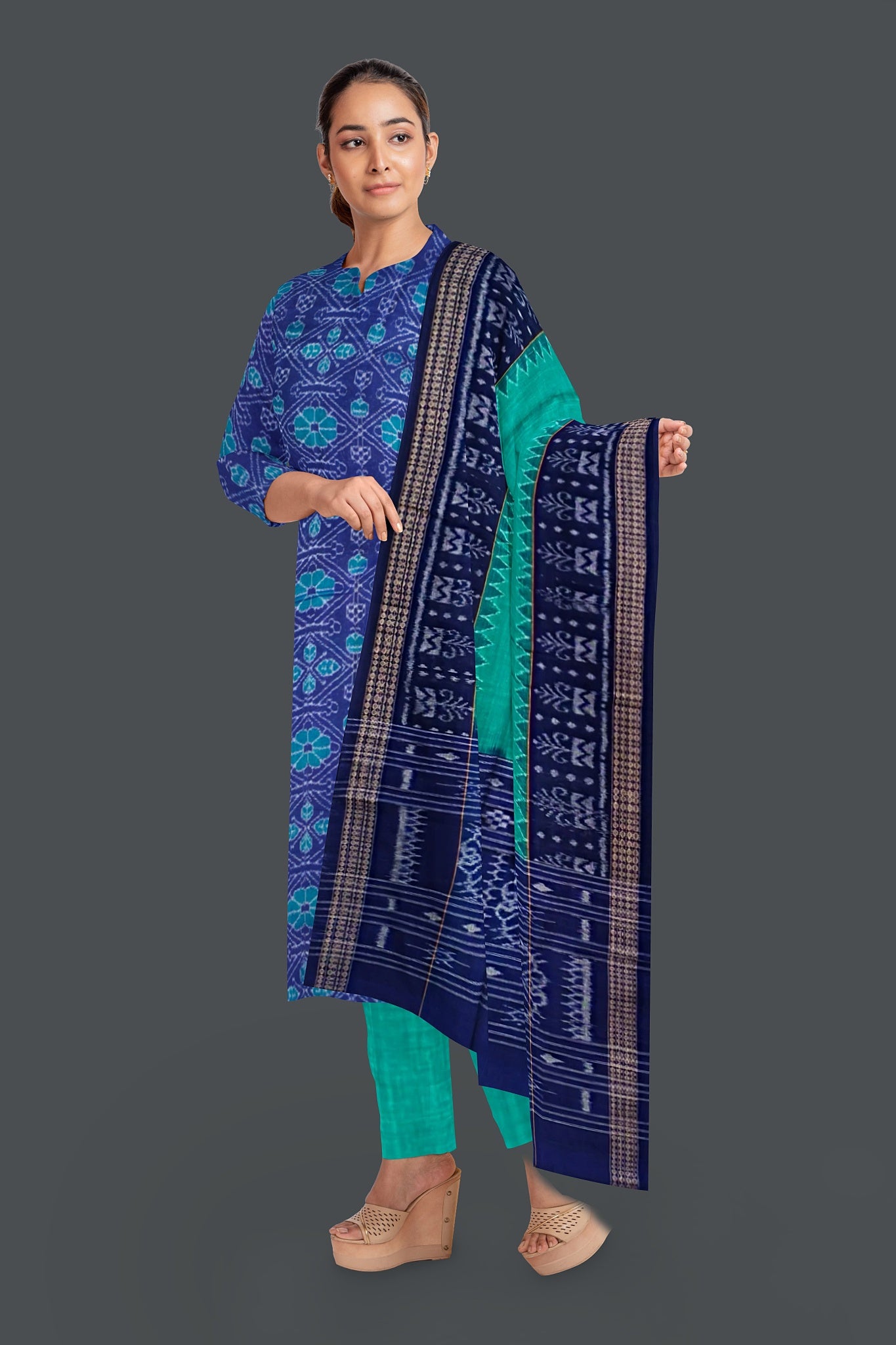 Blue Top With Torquise Blue Pant & Chunri Body Bandha Dress Set