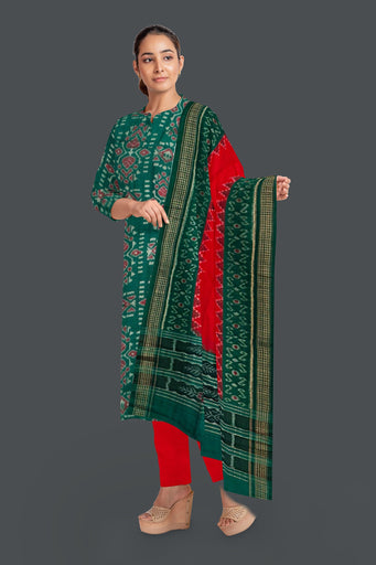 Green Top With Red Pant & Chunri Body Bandha Dress Set
