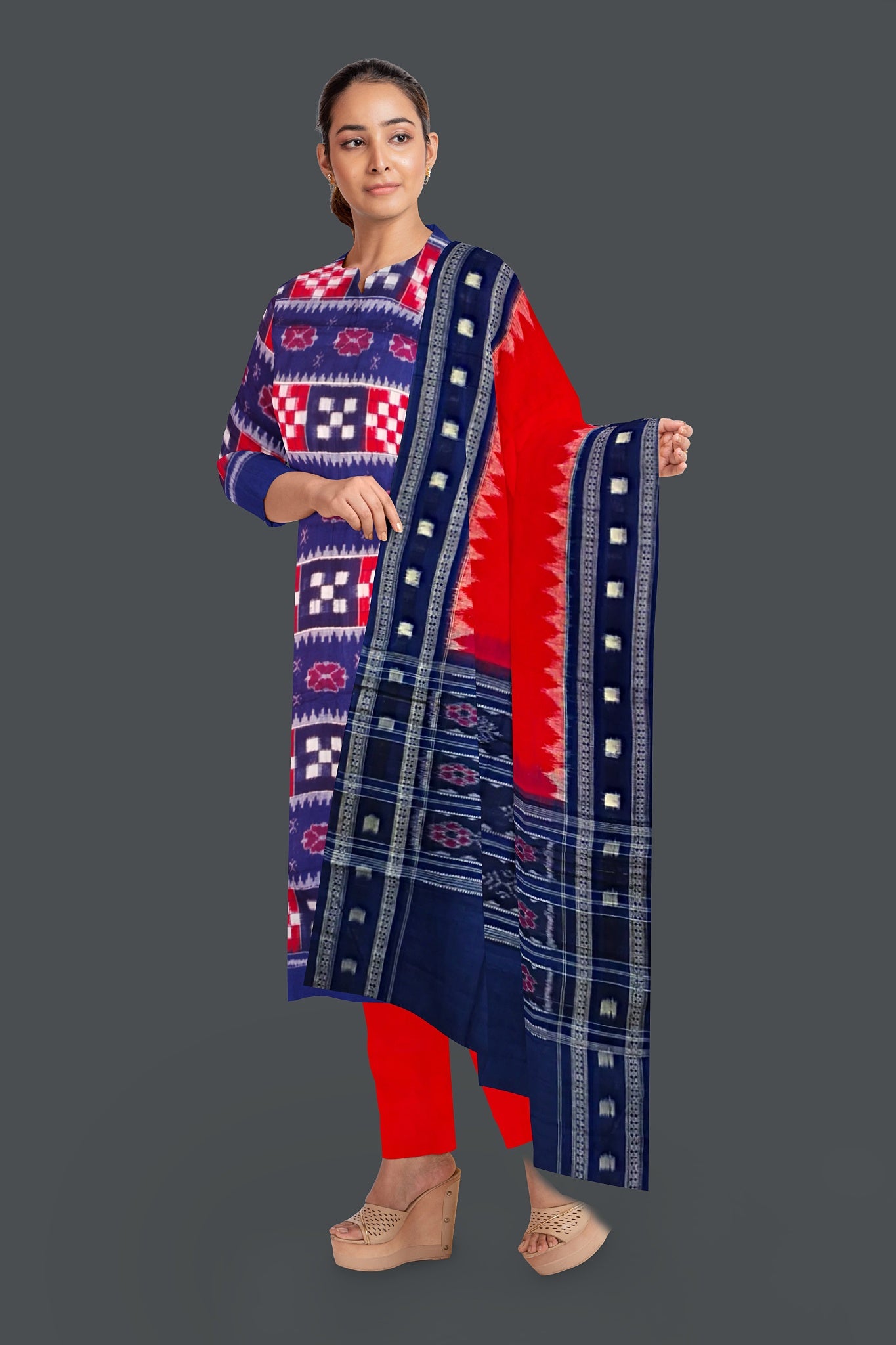 Blue Top With Red Pant & Chunri Pasapalli Dress Set