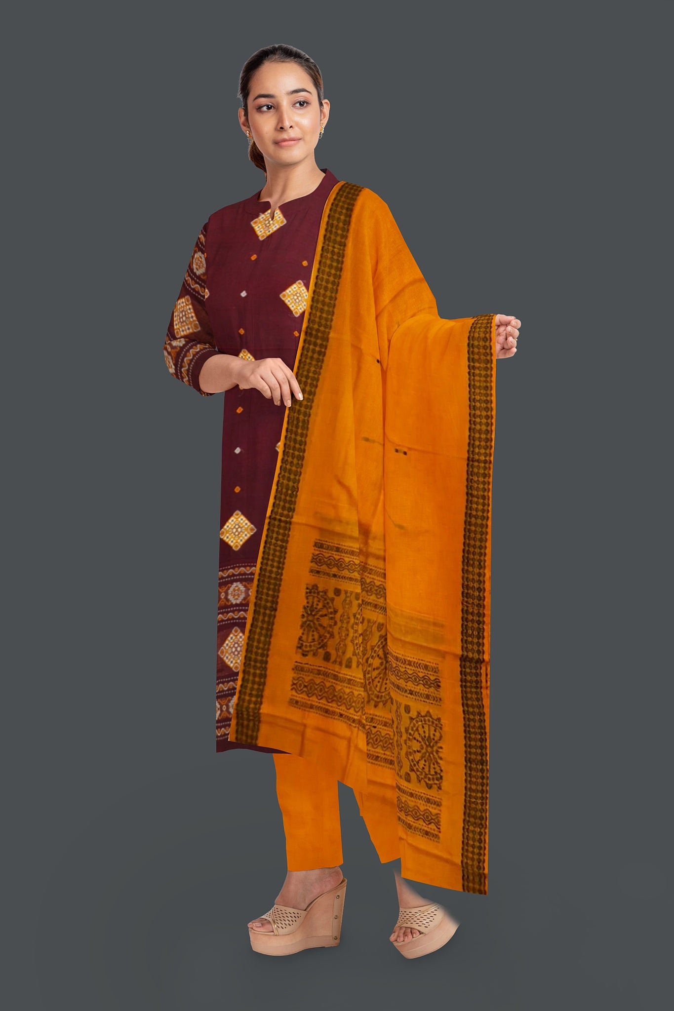Deep Maroon With Yellow Color Pant & Chunri Bomkai Dress Set