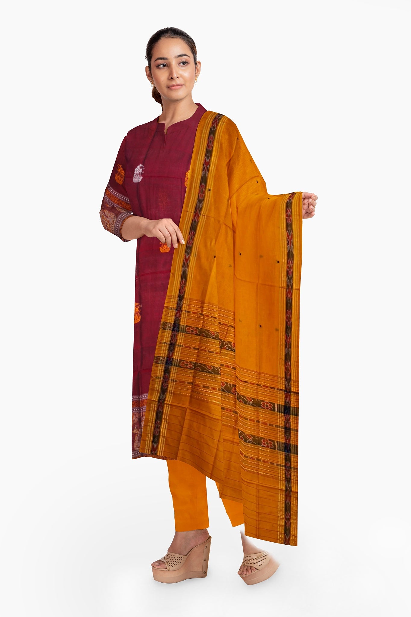 Deep Maroon With Yellow Pant & Chunri Bomkai Dress Set