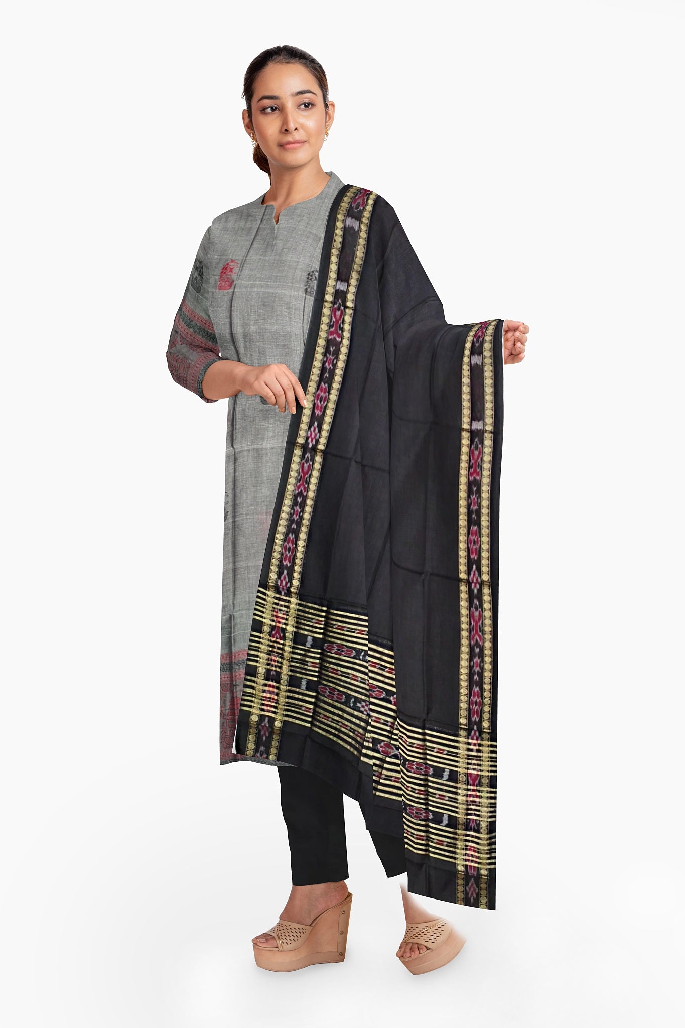 Grey With Black Pant & Chunri Bomkai Dress Set