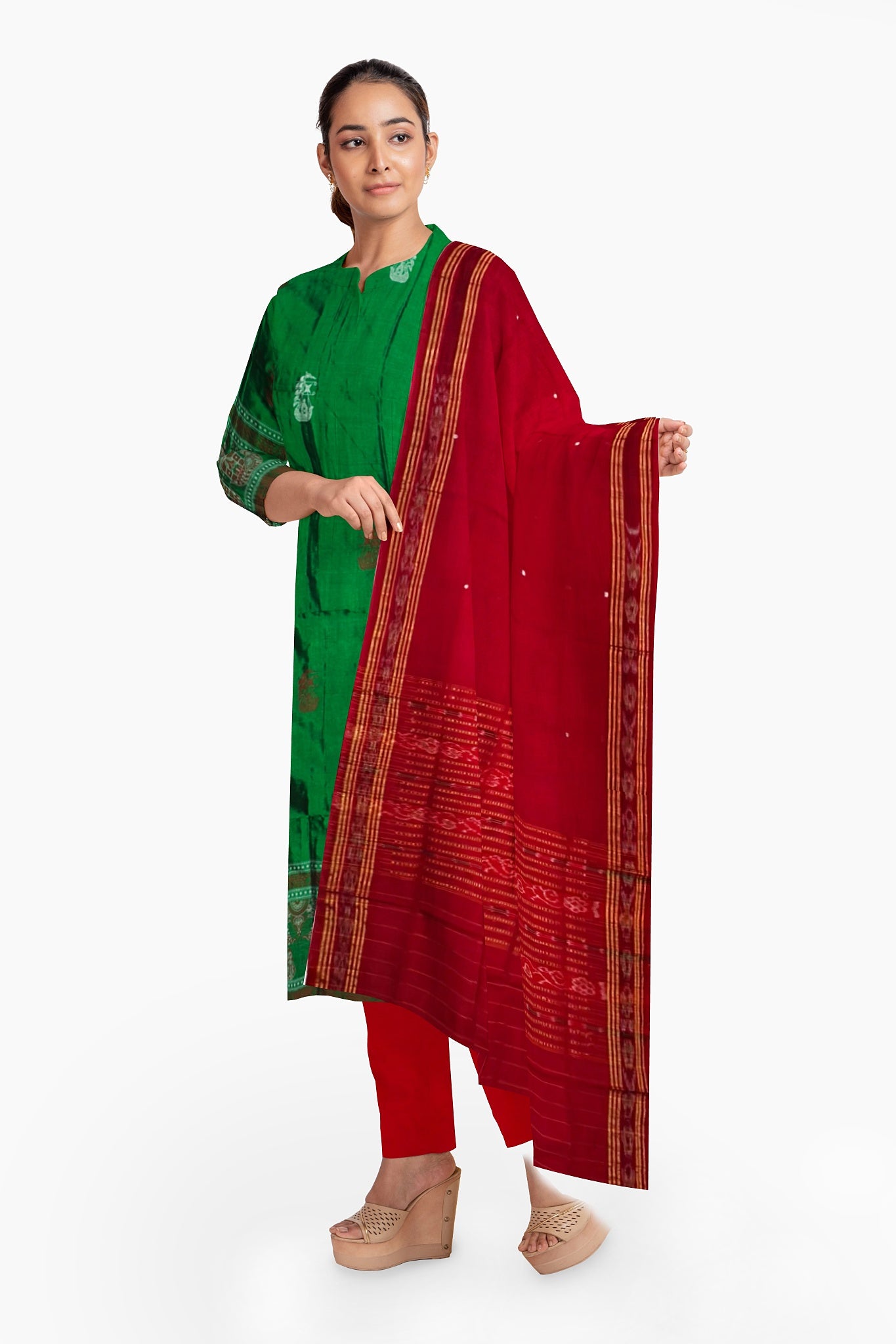 Green Deep Rust Color Pant & Chunri Bomkai Dress Set