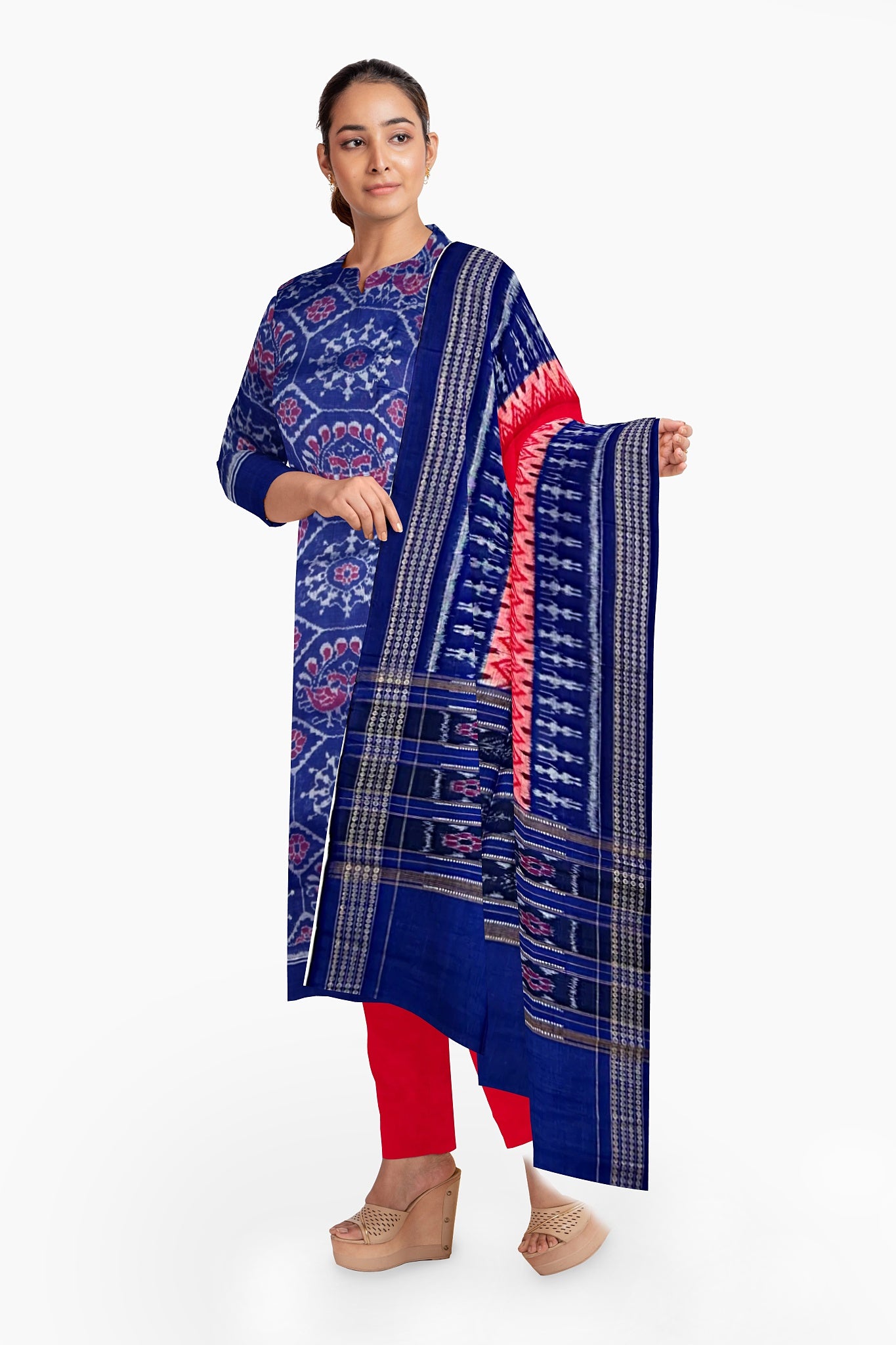 Blue Top With Red Pant & Chunri Body Bandha Dress Set