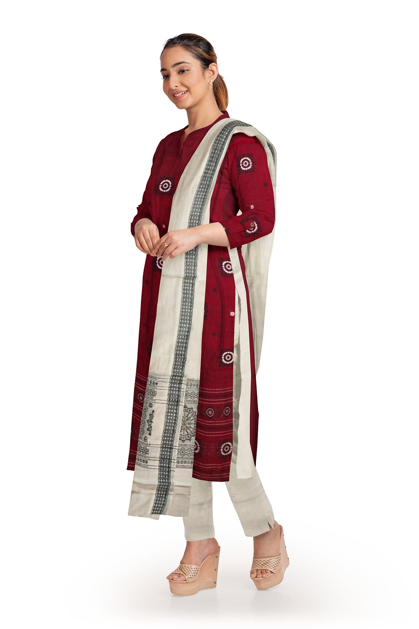 Maroon With White Pant & Chunri Bomkai Dress Set
