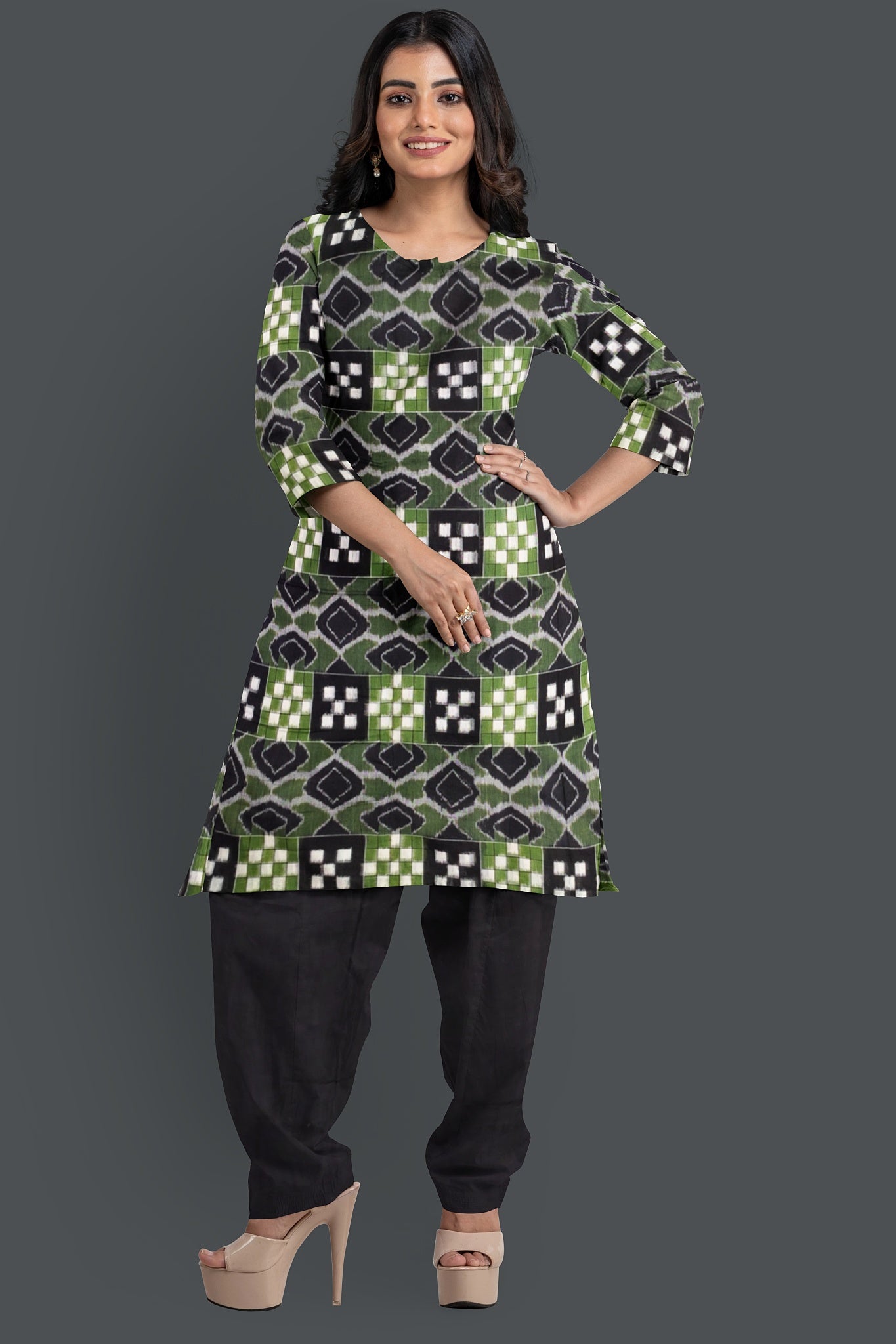 Black Top With Black Pant & Olive Green Chunri Pasapalli Dress Set