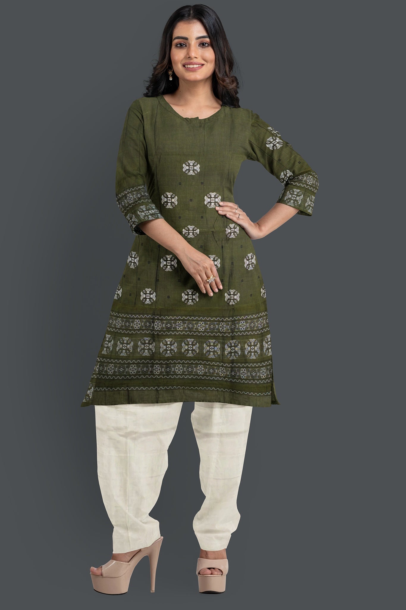 Dark Olive Green Top With White Pant & Chunri Bomkai Dress Set