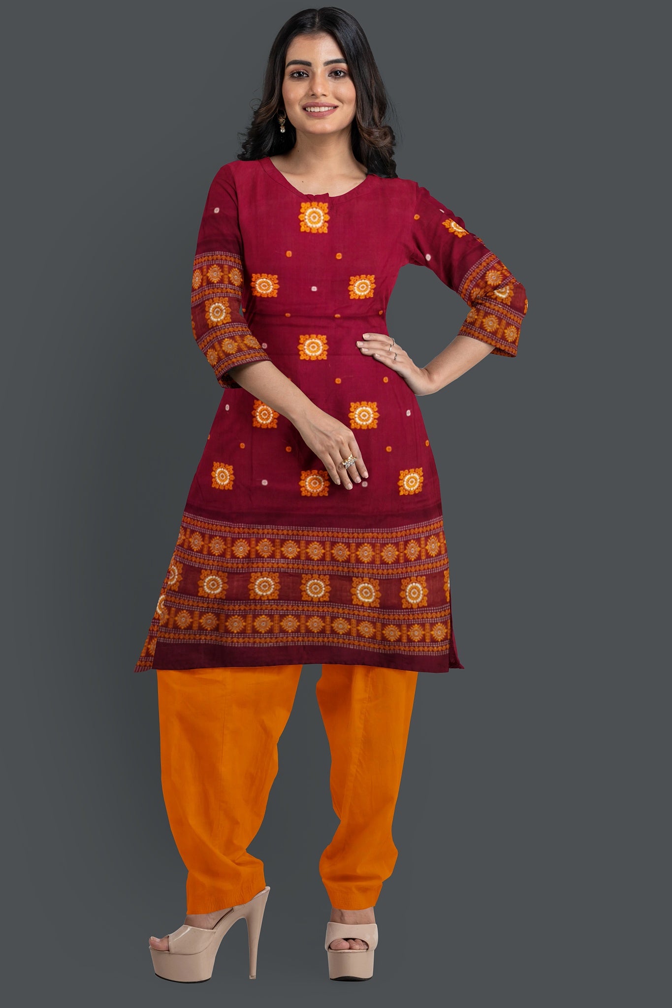 Maroon With Yellow Pant & Chunri Bomkai Dress Set