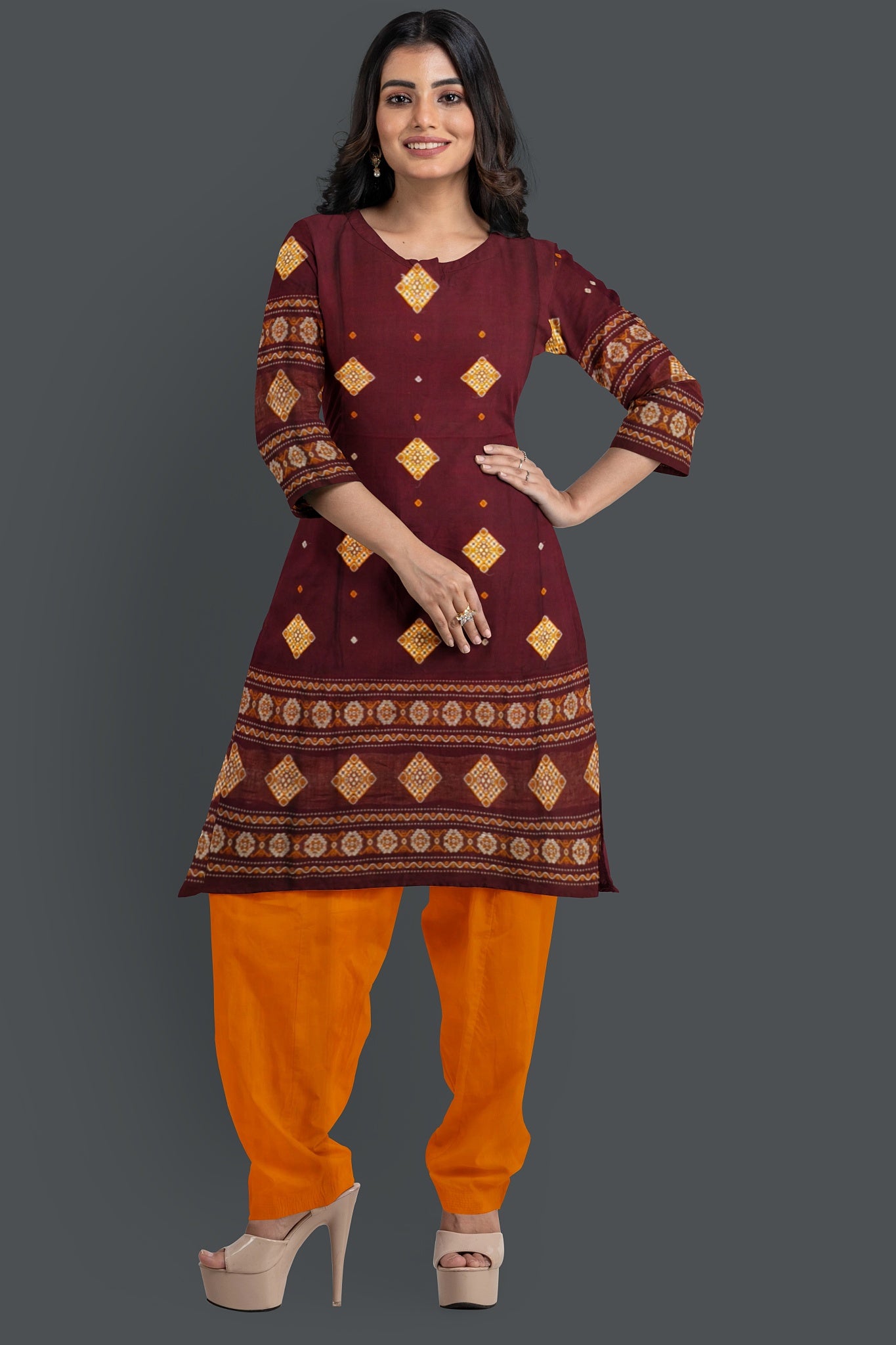 Deep Maroon With Yellow Color Pant & Chunri Bomkai Dress Set