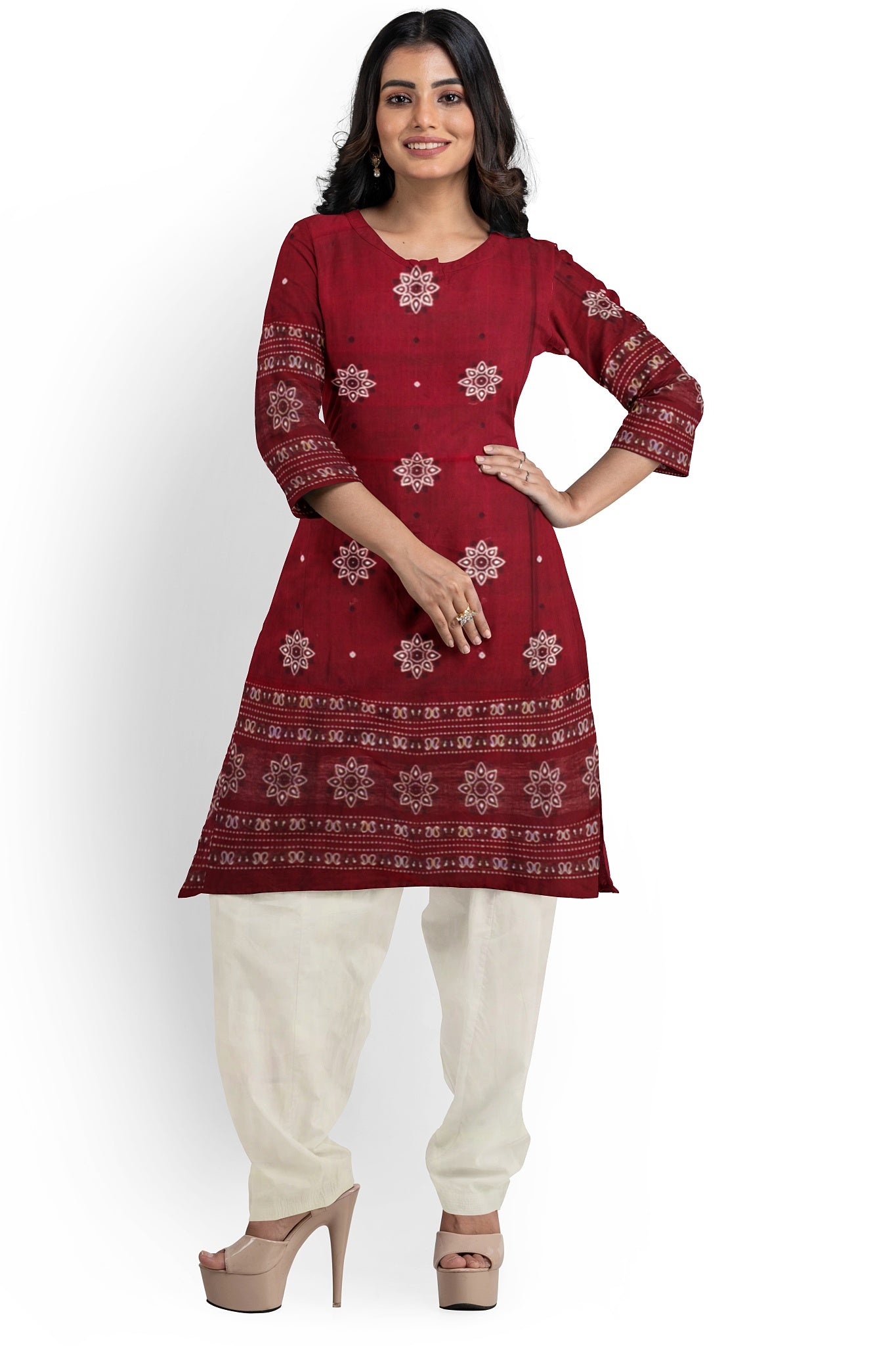 Deep Maroon With White Pant & Chunri Bomkai Dress Set