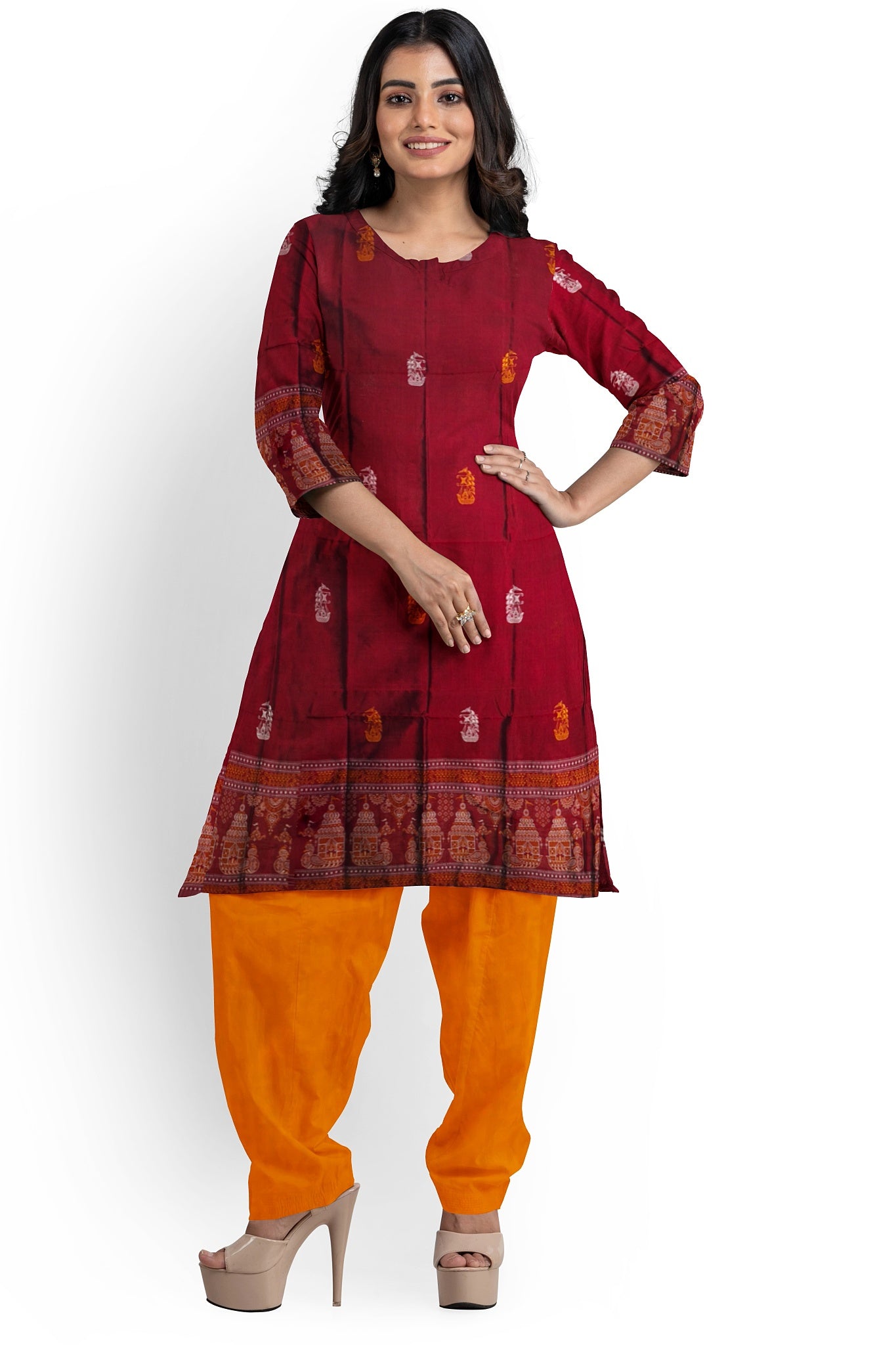 Deep Maroon With Yellow Color Pant & Chunri Bomkai Dress Set