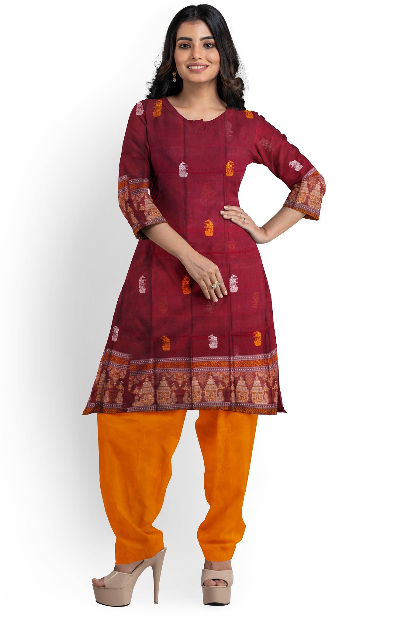 Deep Maroon With Yellow Pant & Chunri Bomkai Dress Set
