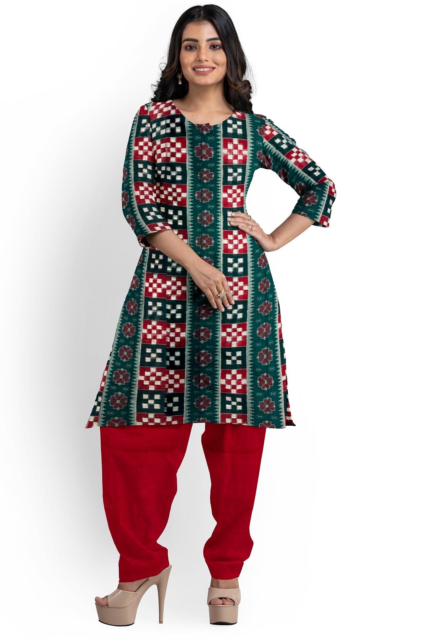 Green Top With Red Pant & Chunri Pasapalli Dress Set